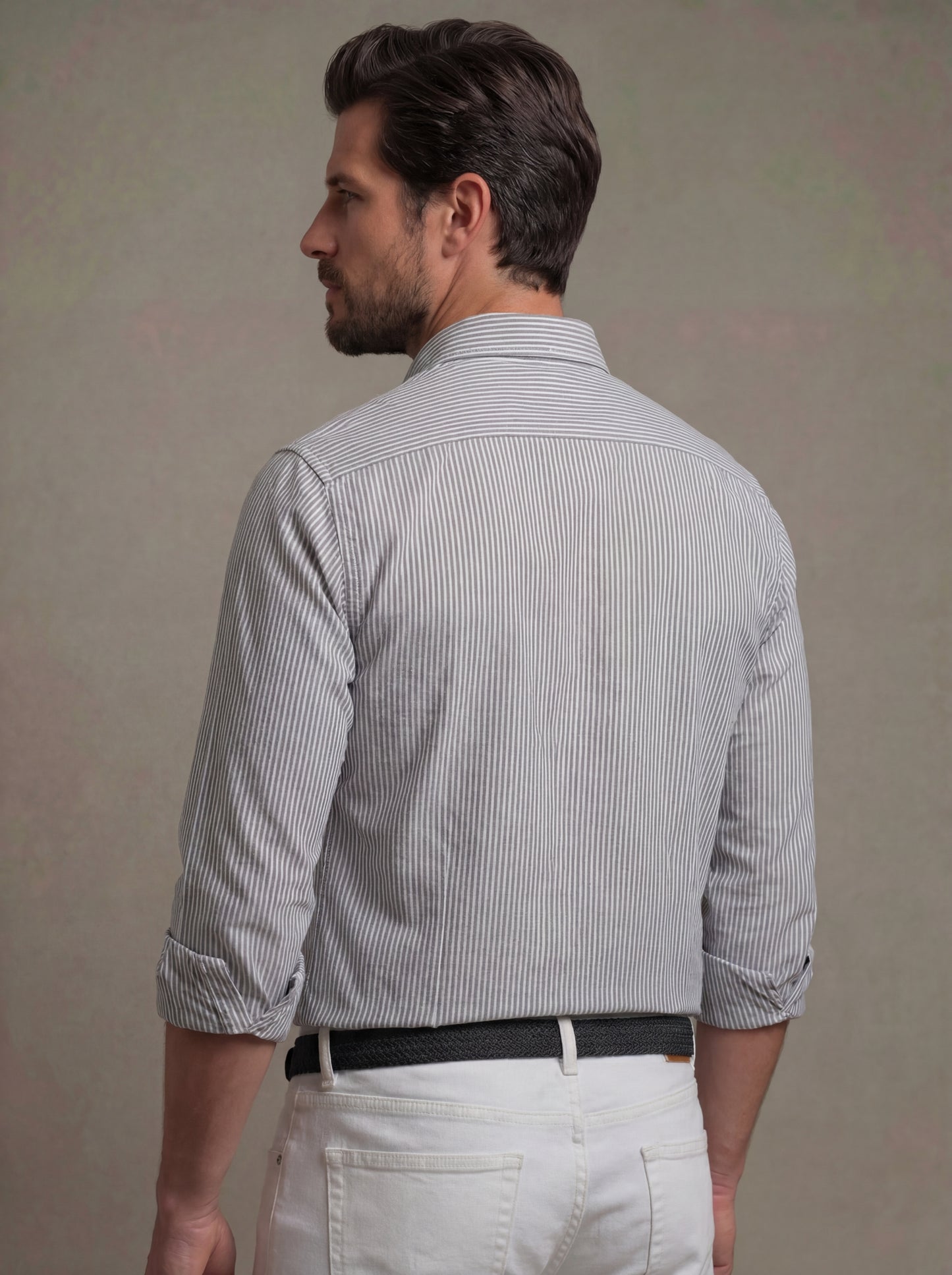 Keegan Oxford Olive Striped Full Sleeve Tailored Fit Casual Cotton Shirt