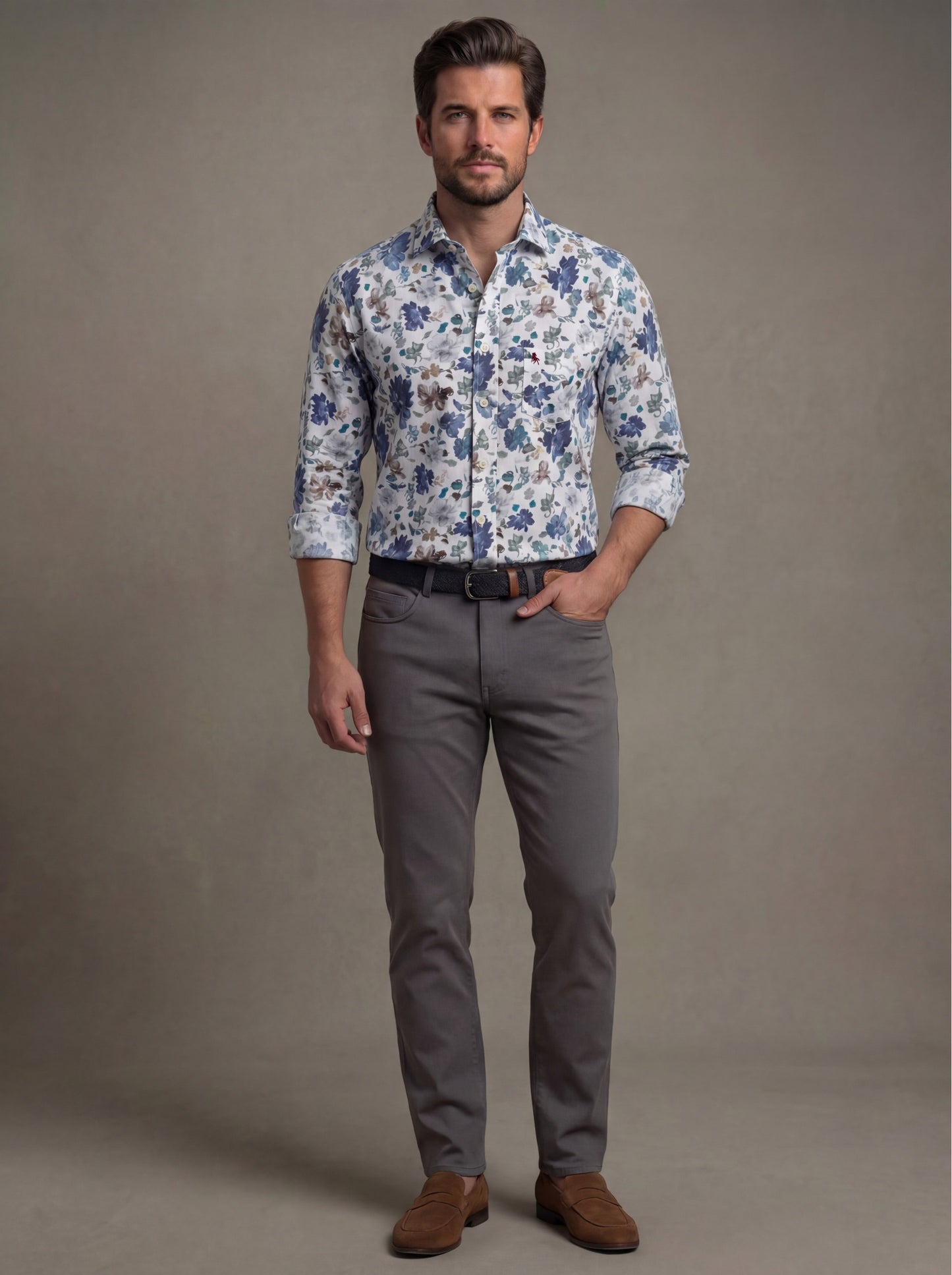 Hierro Bedford Grey Printed Full Sleeve Tailored Fit Casual Cotton Shirt
