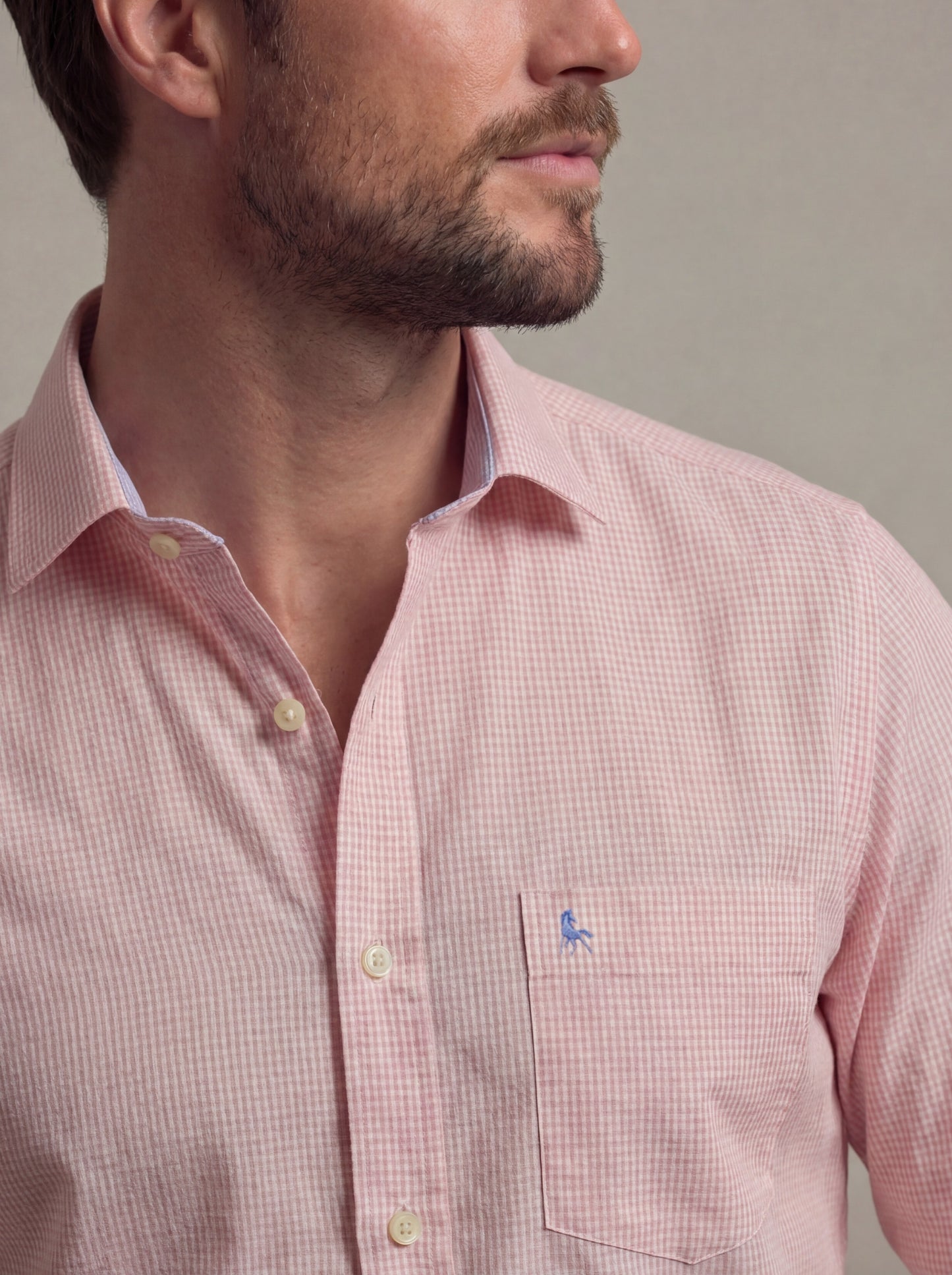 Palmas Seersucker Peach Check Full Sleeve Tailored Fit Casual Cotton Shirt