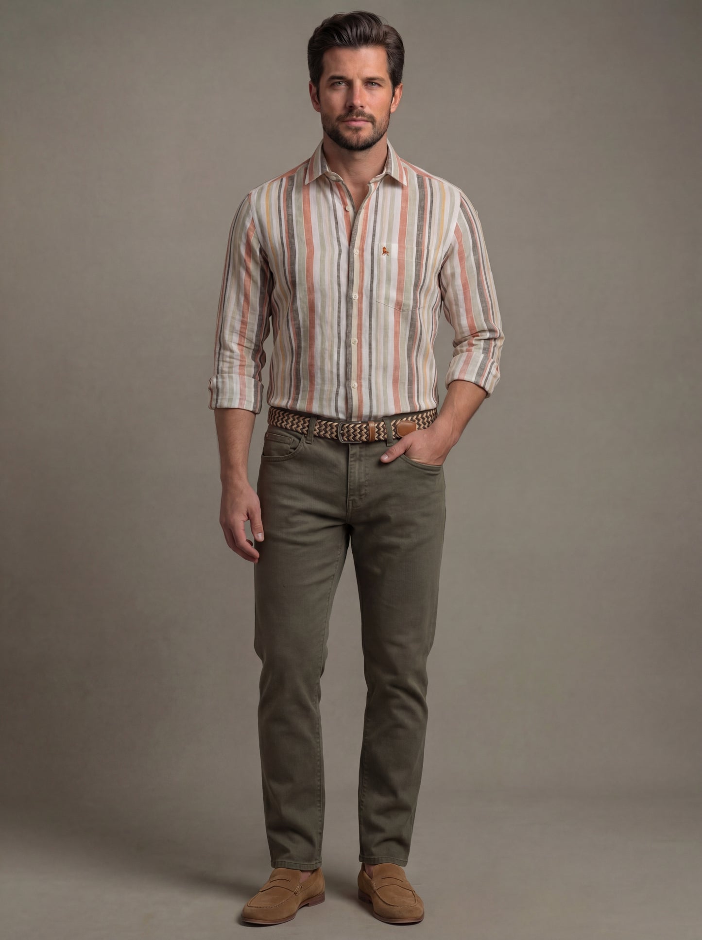 Hovland Slub Olive Striped Full Sleeve Tailored Fit Casual Cotton Shirt