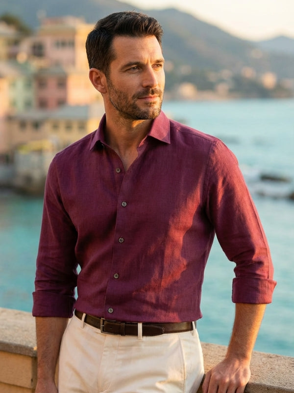 Praiano Burgundy Solid Full Sleeve Single Cuff Tailored Fit Semi Formal European Flax Linen Without Pocket Shirt