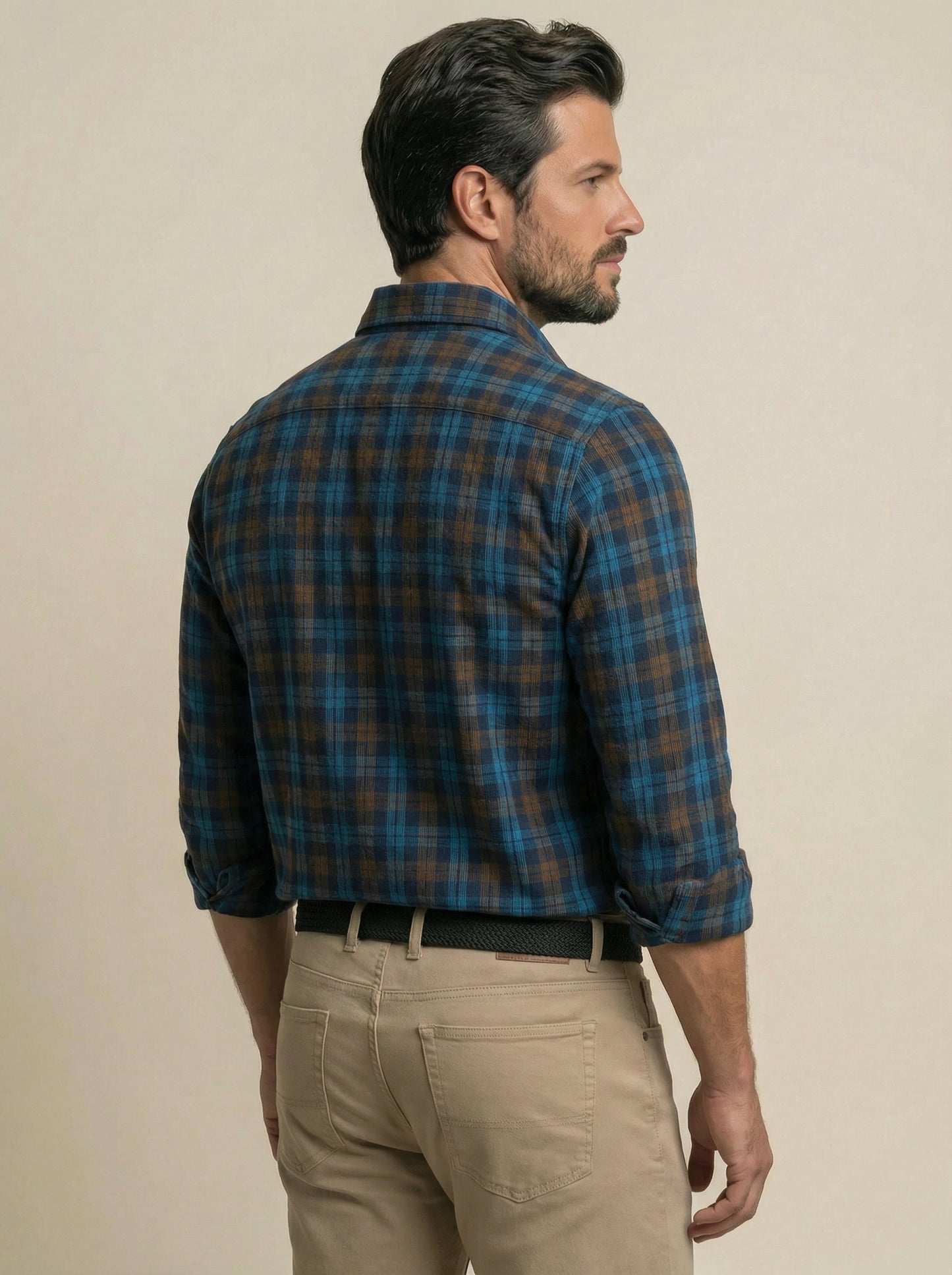 Griffin Corduroy Navy Check Full Sleeve Tailored Fit Casual Cotton Shirt