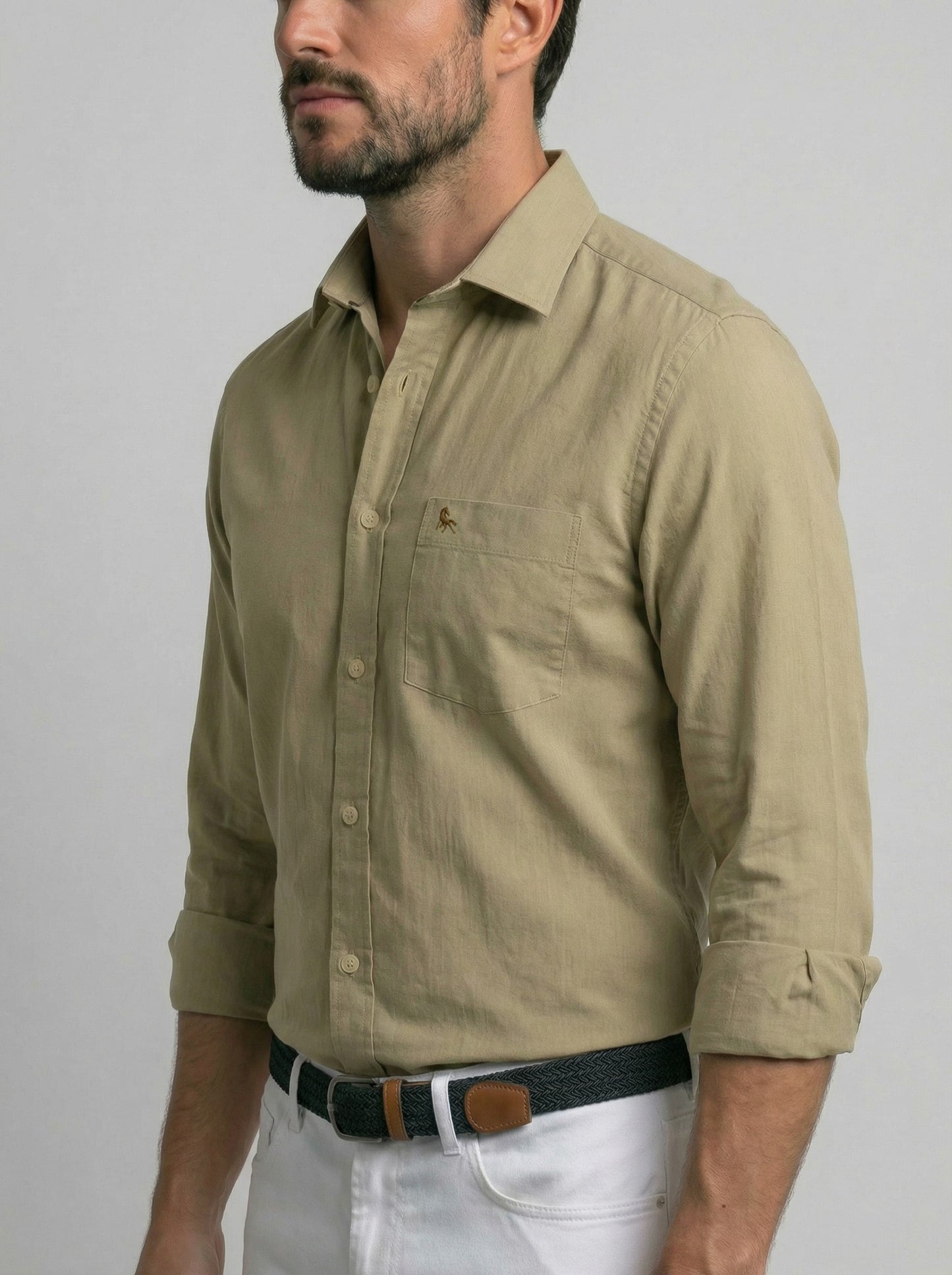 Bryson Dobby Garment Dyed Light Brown Striped Full Sleeve Tailored Fit Casual Cotton Shirt