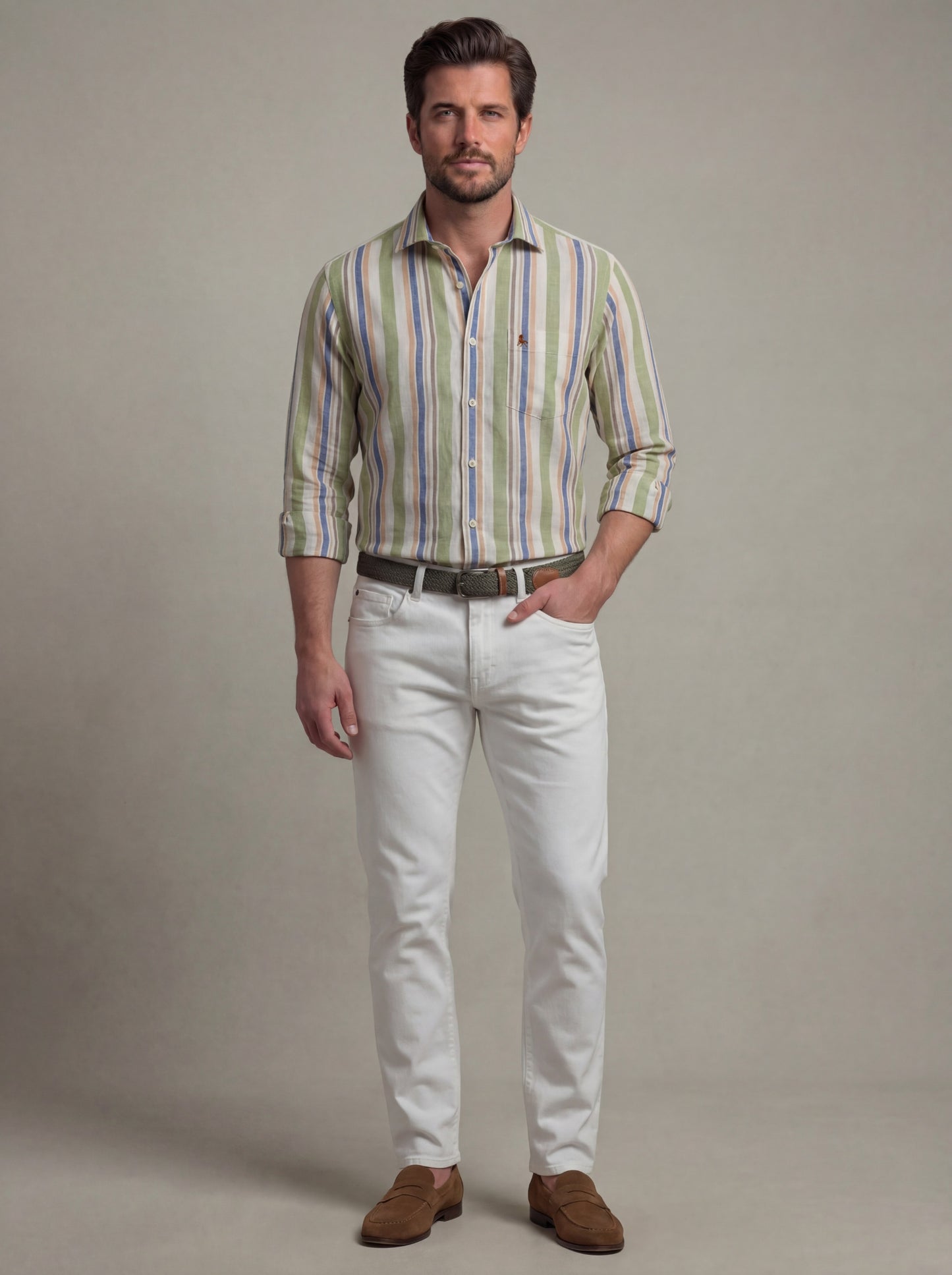 Graciosa Slub Green Striped Full Sleeve Tailored Fit Casual Cotton Shirt