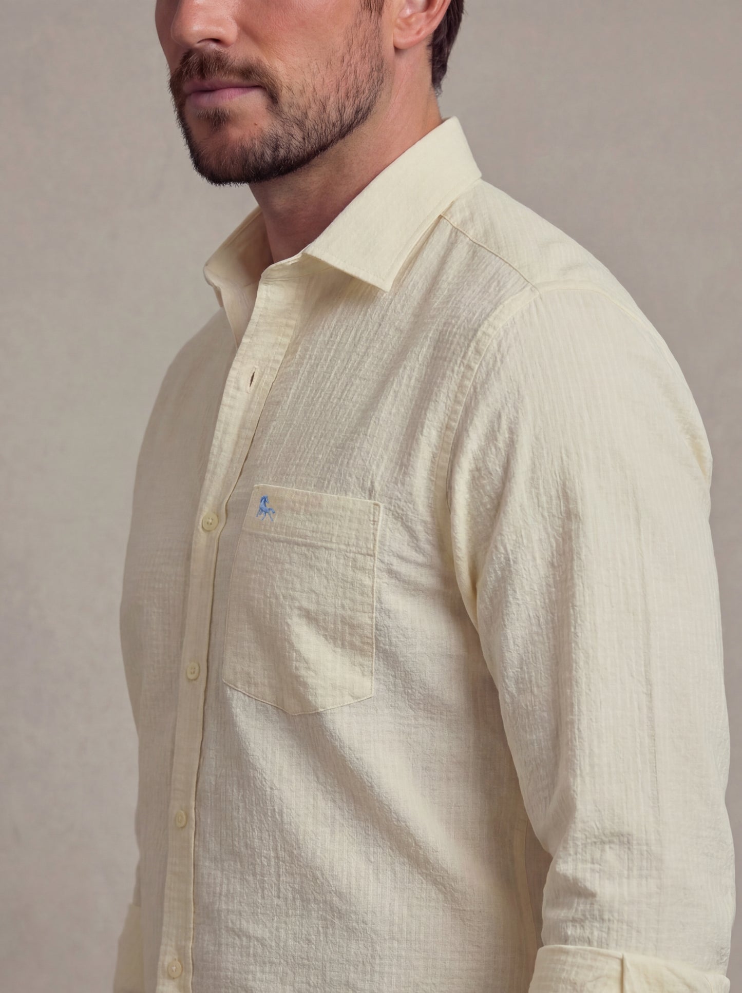 Achill Seersucker Yellow Solid Full Sleeve Tailored Fit Casual Cotton Shirt