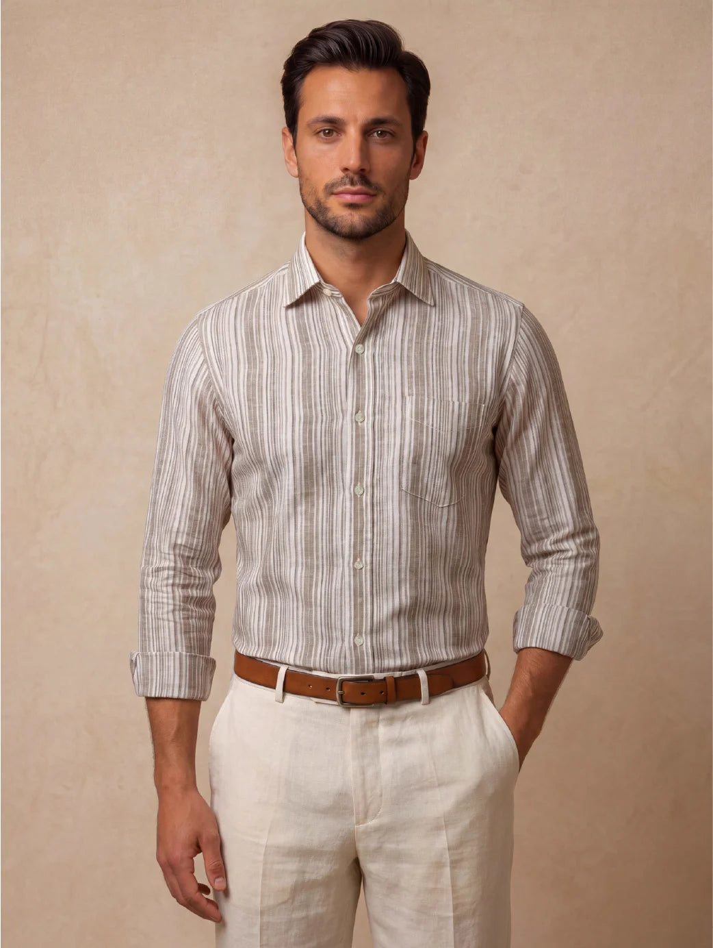 Positano Sand Striped Full Sleeve Single Cuff Classic Fit Semi Formal European Flax Linen Shirt