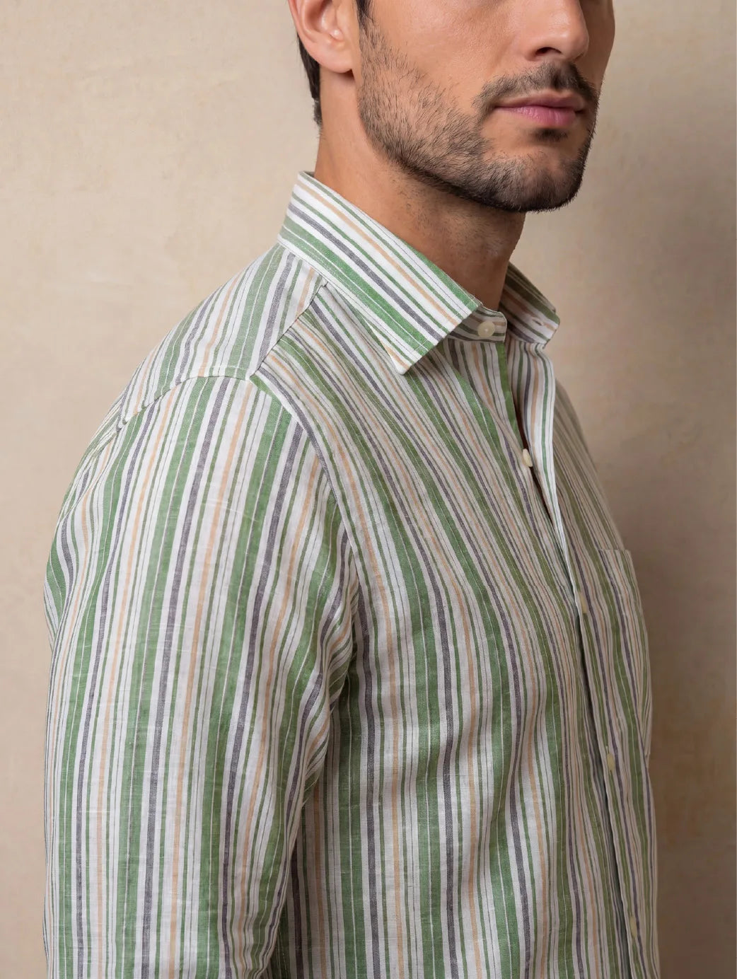 Positano Green Striped Full Sleeve Single Cuff Classic Fit Semi Formal European Flax Linen Shirt