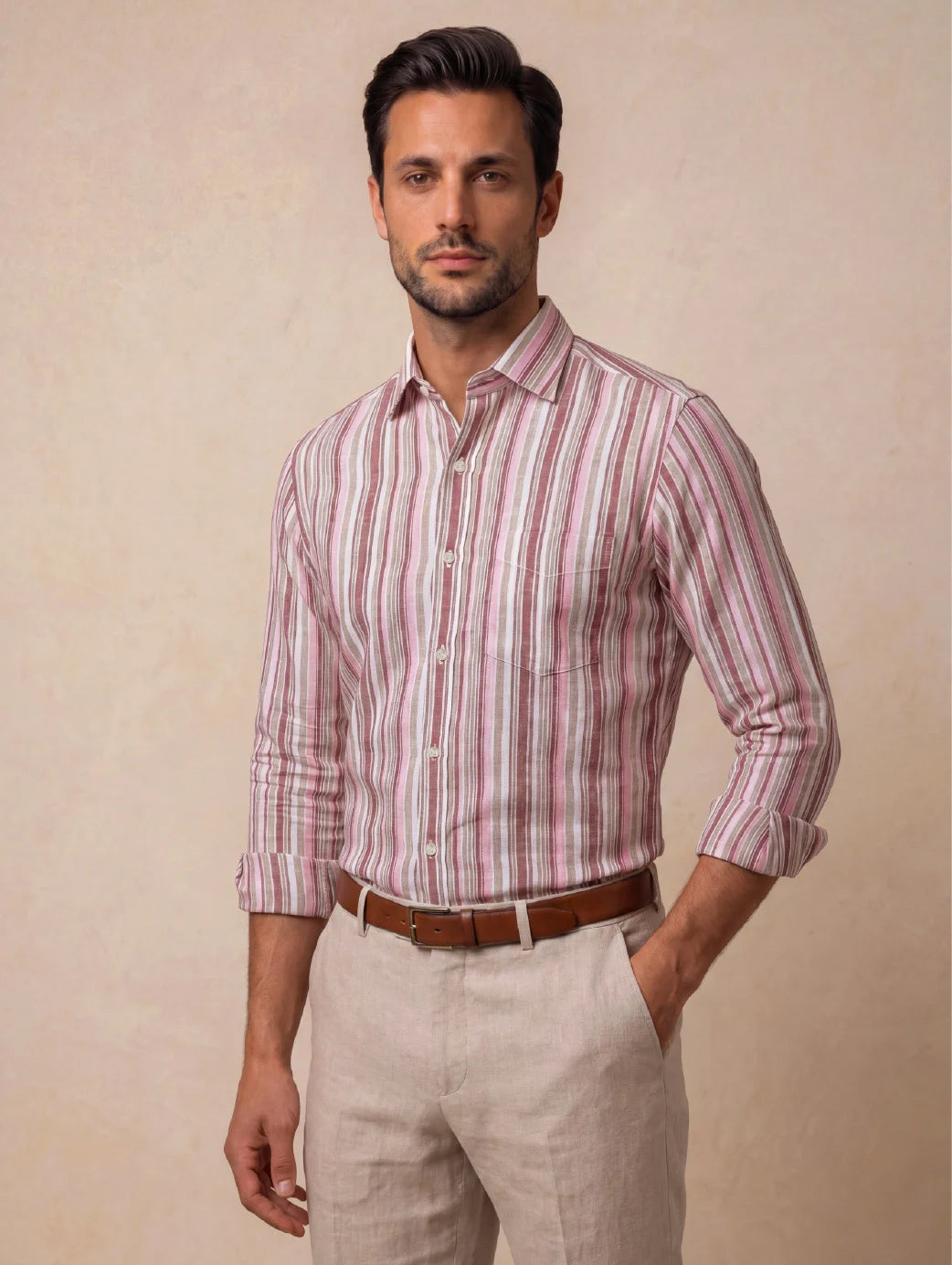 Positano Red Striped Full Sleeve Single Cuff Classic Fit Semi Formal European Flax Linen Shirt