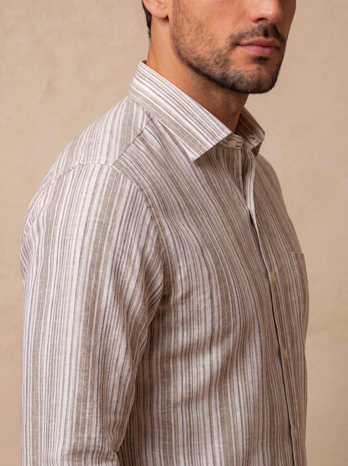 Positano Sand Striped Full Sleeve Single Cuff Classic Fit Semi Formal European Flax Linen Shirt