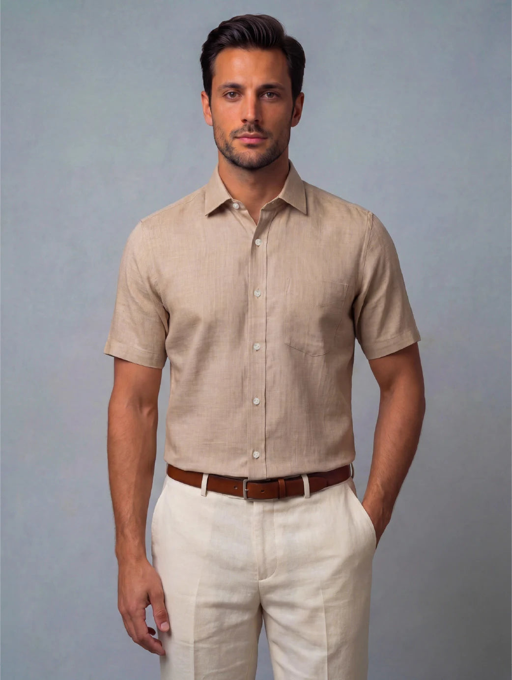 Praiano Sand Solid Half Sleeve Classic Fit Semi Formal European Flax Linen Shirt
