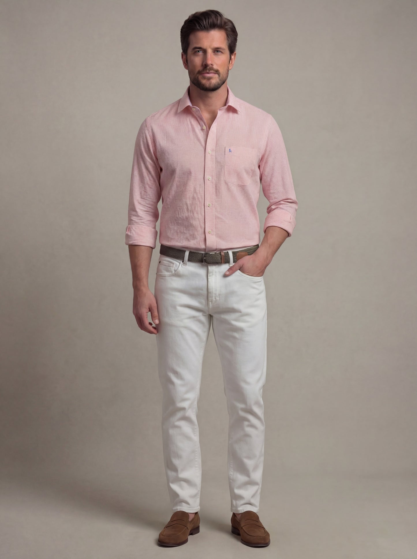 Palmas Seersucker Peach Check Full Sleeve Tailored Fit Casual Cotton Shirt