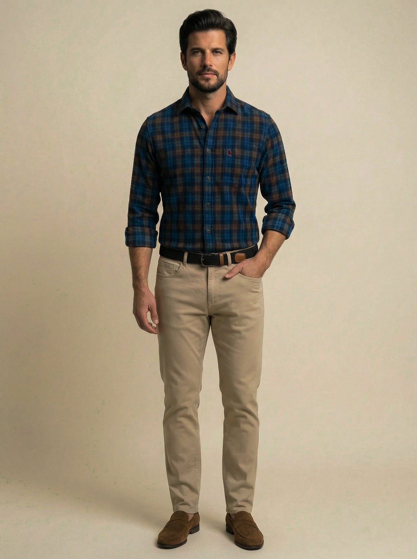 Griffin Corduroy Navy Check Full Sleeve Tailored Fit Casual Cotton Shirt