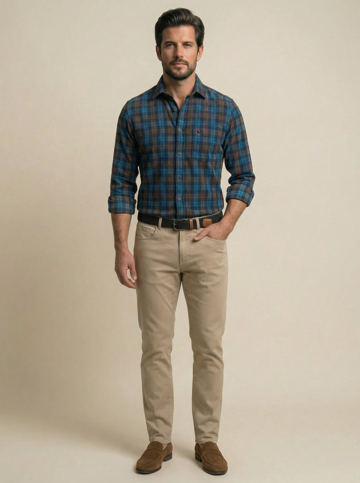 Griffin Corduroy Navy Check Full Sleeve Tailored Fit Casual Cotton Shirt