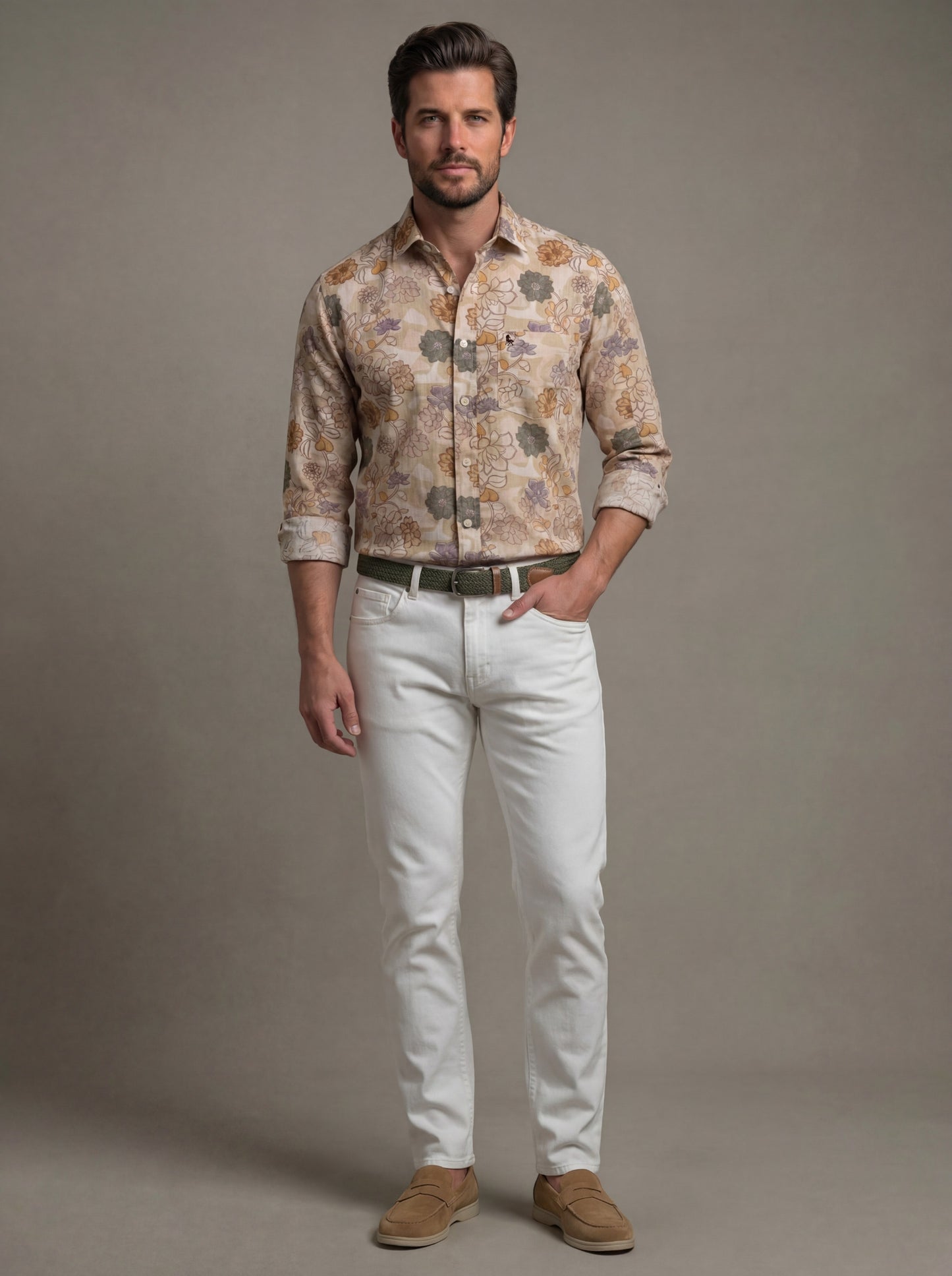 Aberg Slub Beige Printed Full Sleeve Tailored Fit Casual Cotton Shirt