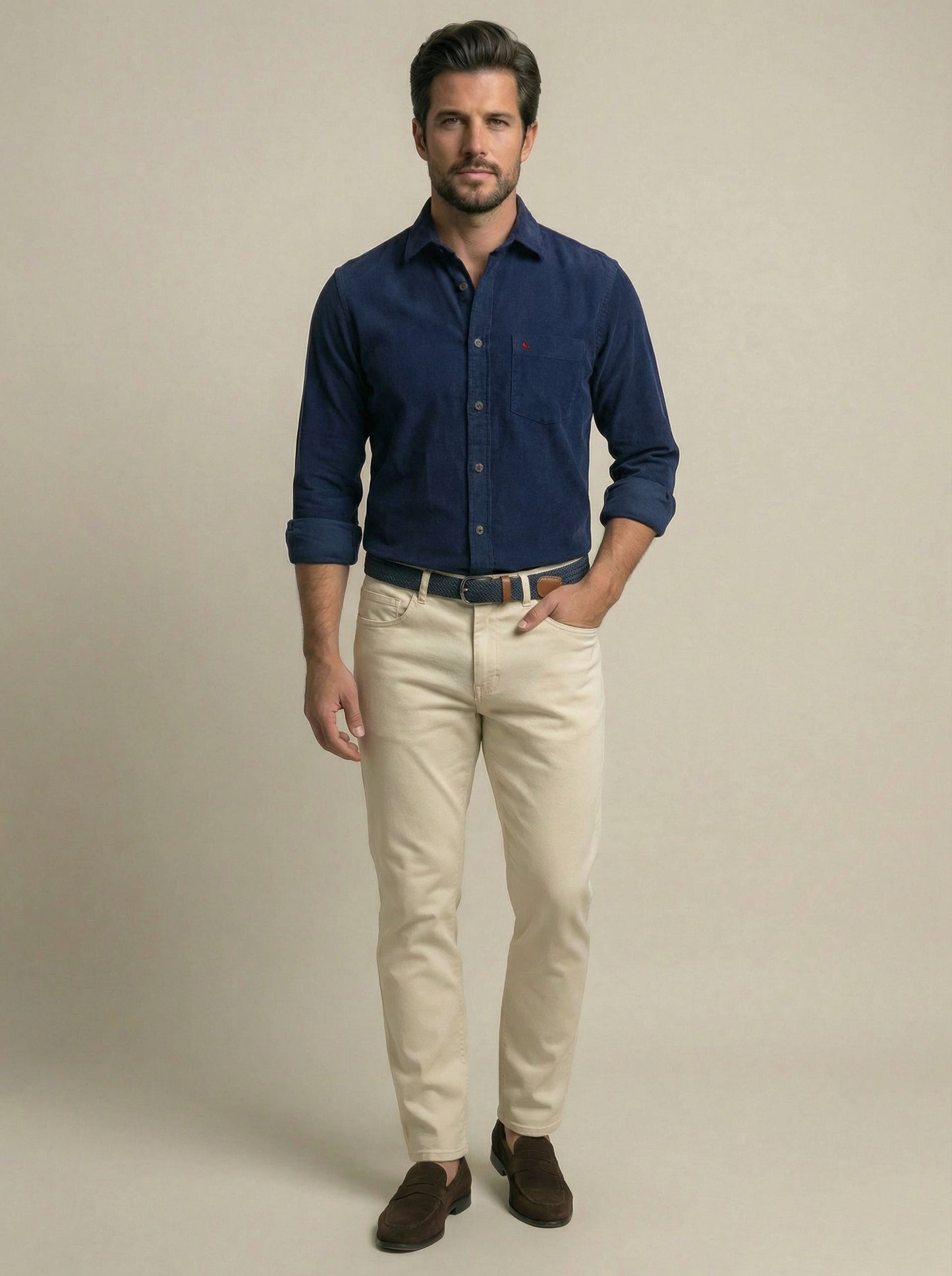 Detry Corduroy Garment Dyed Navy Full Sleeve Tailored Fit Casual Cotton Shirt