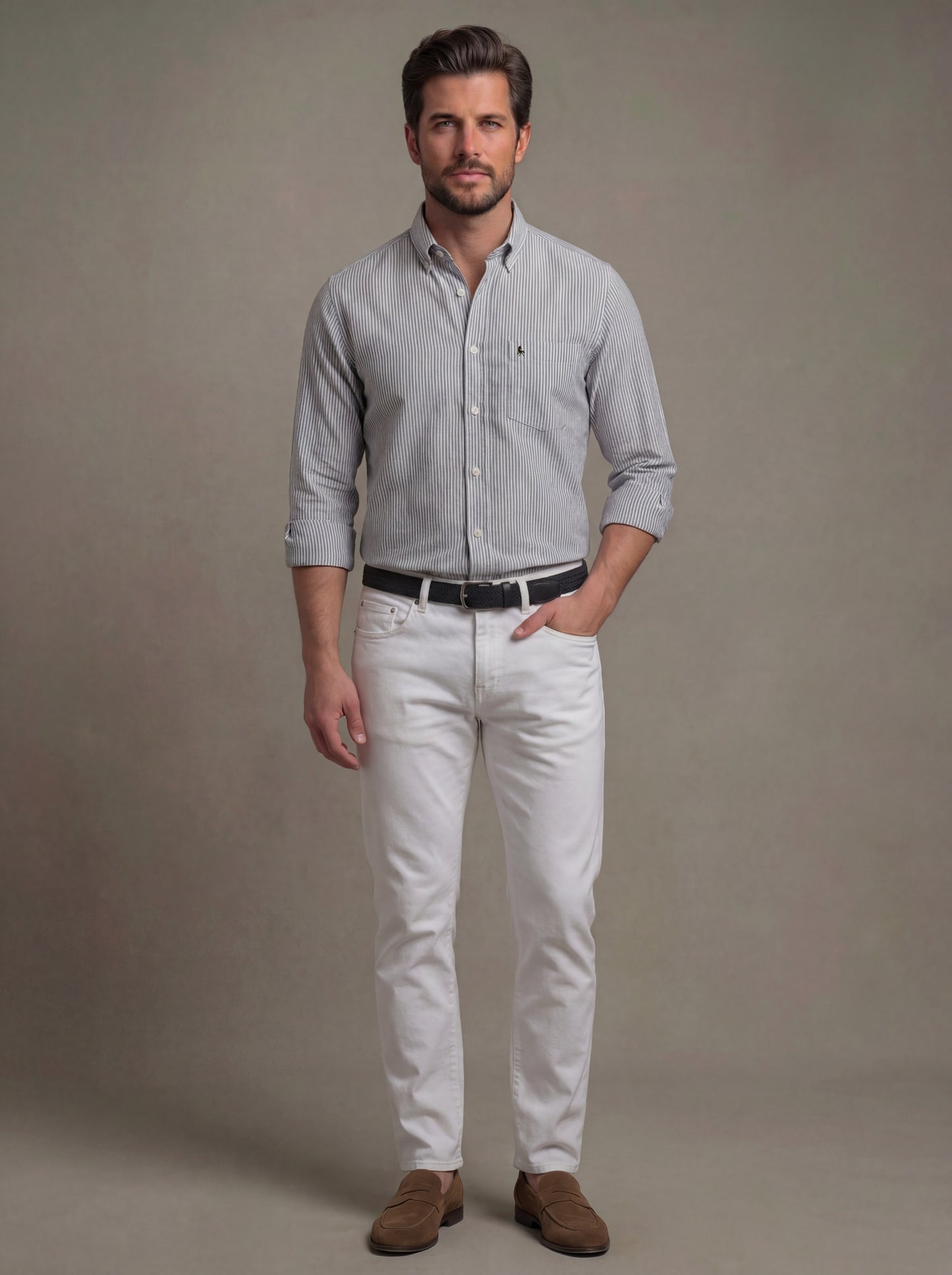 Keegan Oxford Olive Striped Full Sleeve Tailored Fit Casual Cotton Shirt