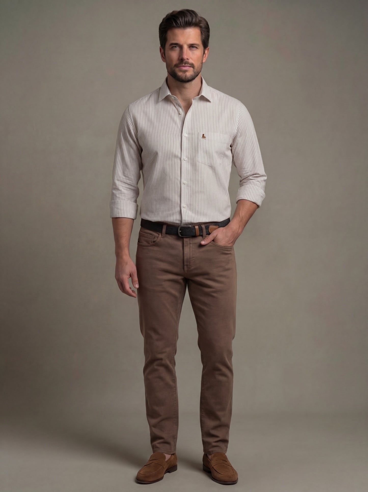 Silba Oxford Beige Striped Full Sleeve Tailored Fit Casual Cotton Shirt