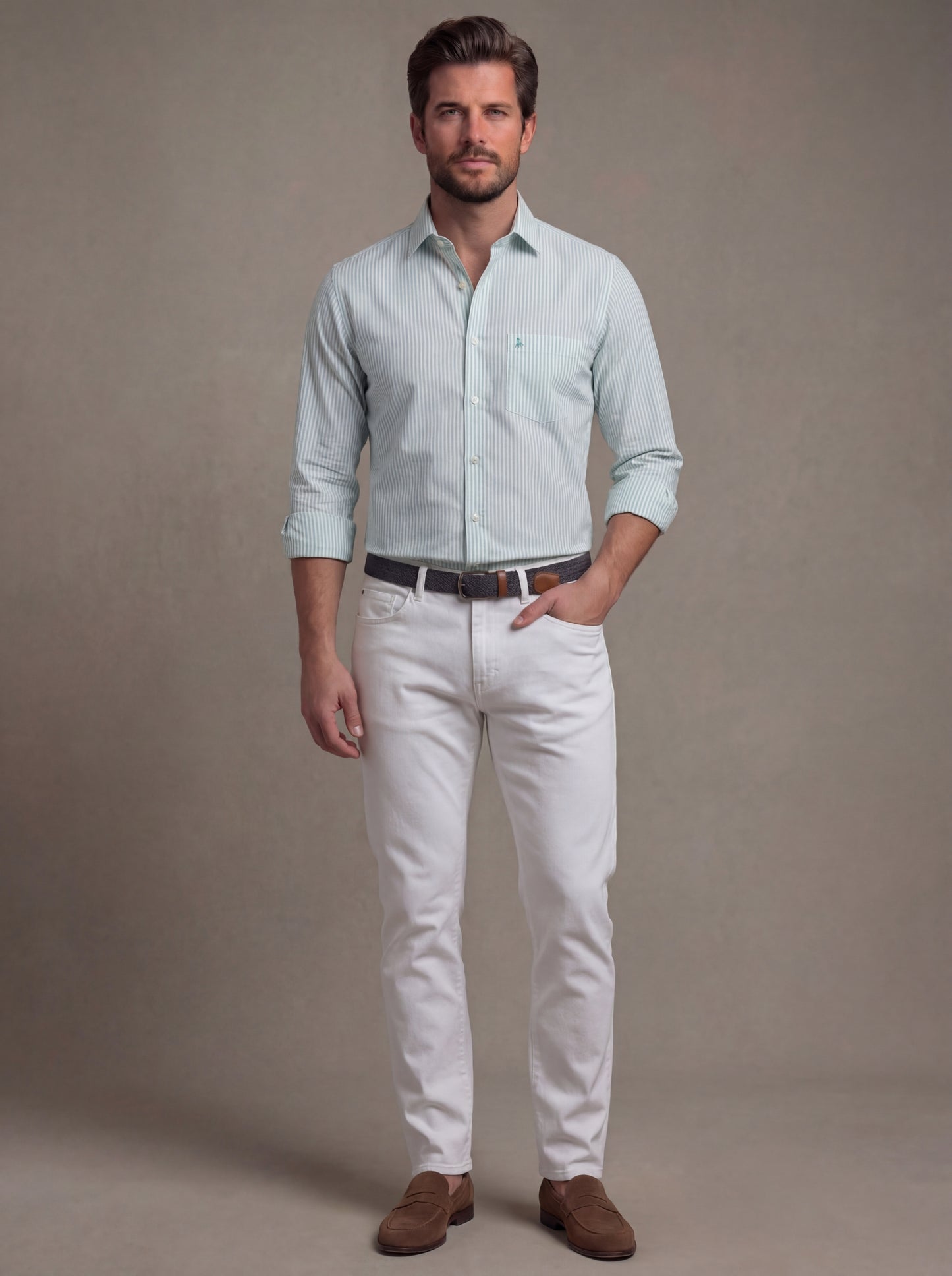 Silba Oxford Mint Striped Full Sleeve Tailored Fit Casual Cotton Shirt