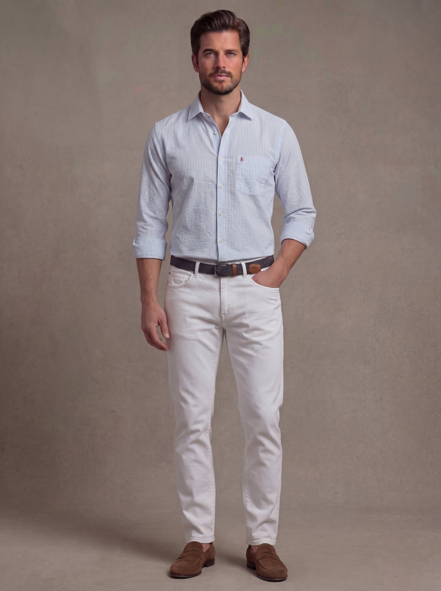 Pasman Seersucker Sky Striped Full Sleeve Tailored Fit Casual Cotton Shirt