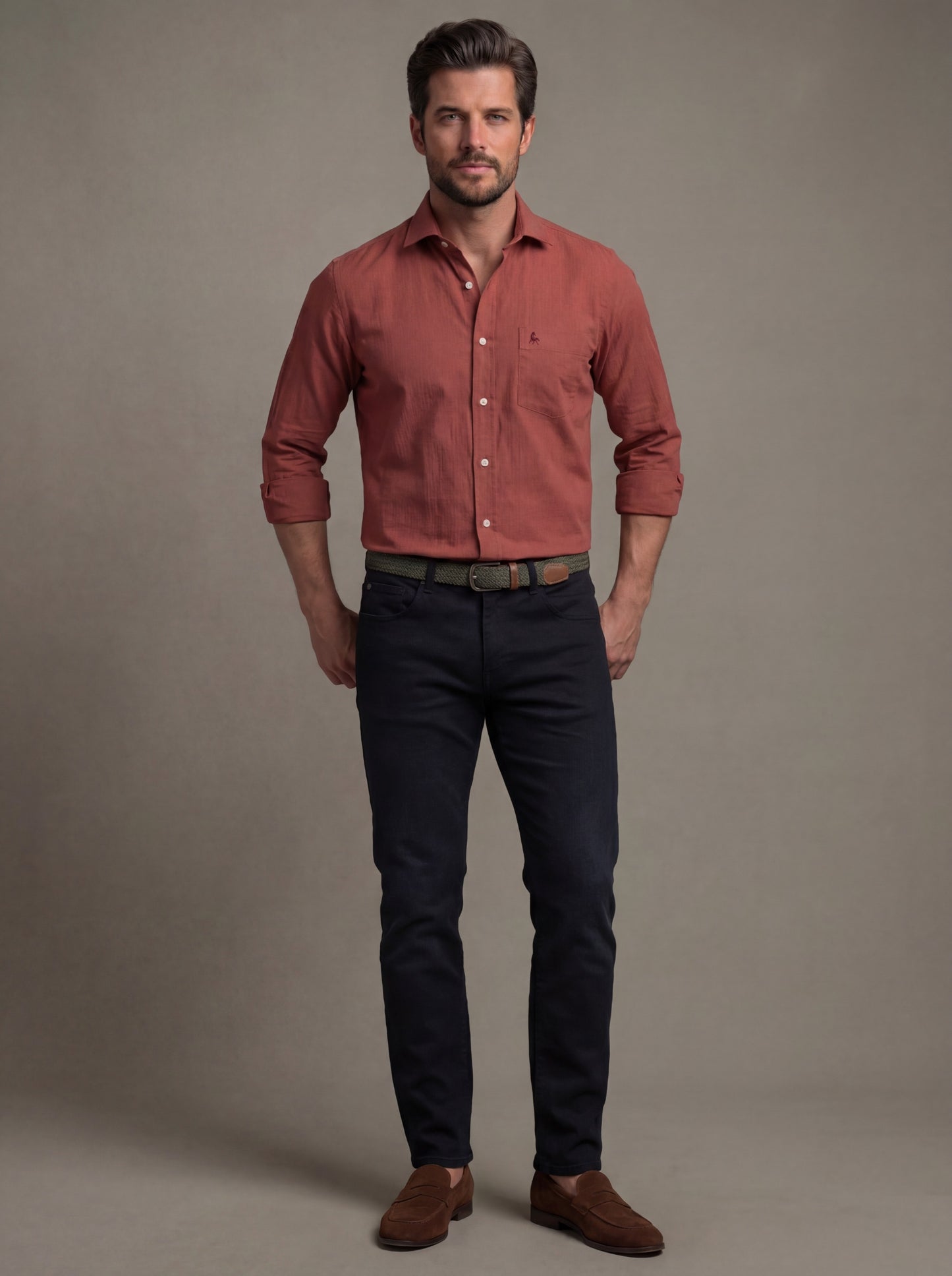 Bryson Dobby Garment Dyed Rust Striped Full Sleeve Tailored Fit Casual Cotton Shirt