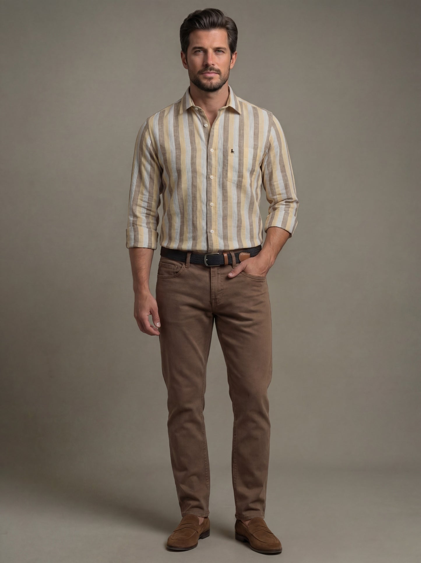 Solta Slub Yellow Striped Full Sleeve Tailored Fit Casual Cotton Shirt