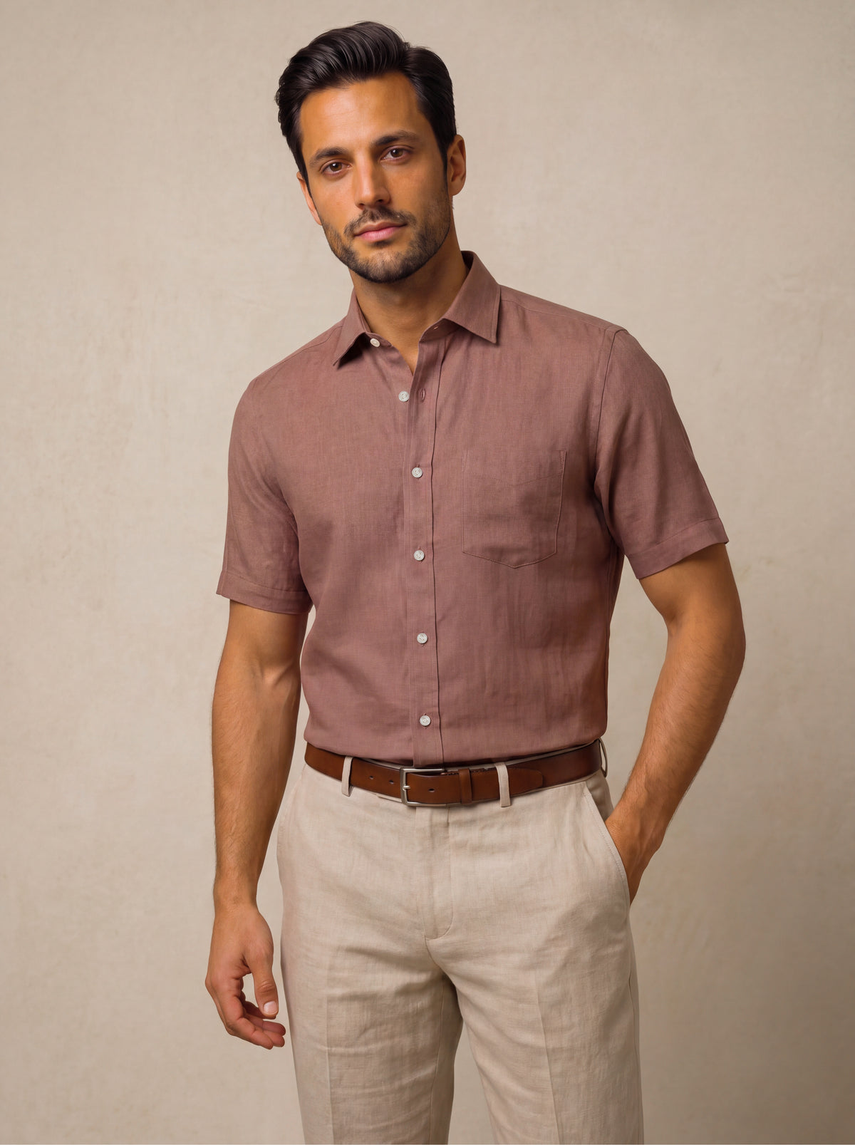 Positano Brown Solid Half Sleeve Classic Fit Semi Formal European Flax Linen Shirt