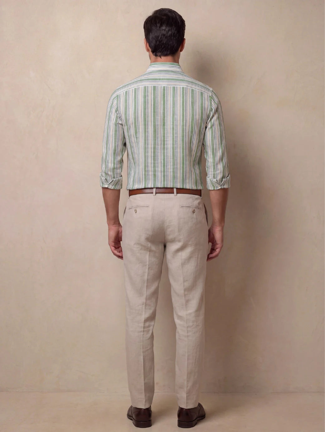 Positano Green Striped Full Sleeve Single Cuff Classic Fit Semi Formal European Flax Linen Shirt