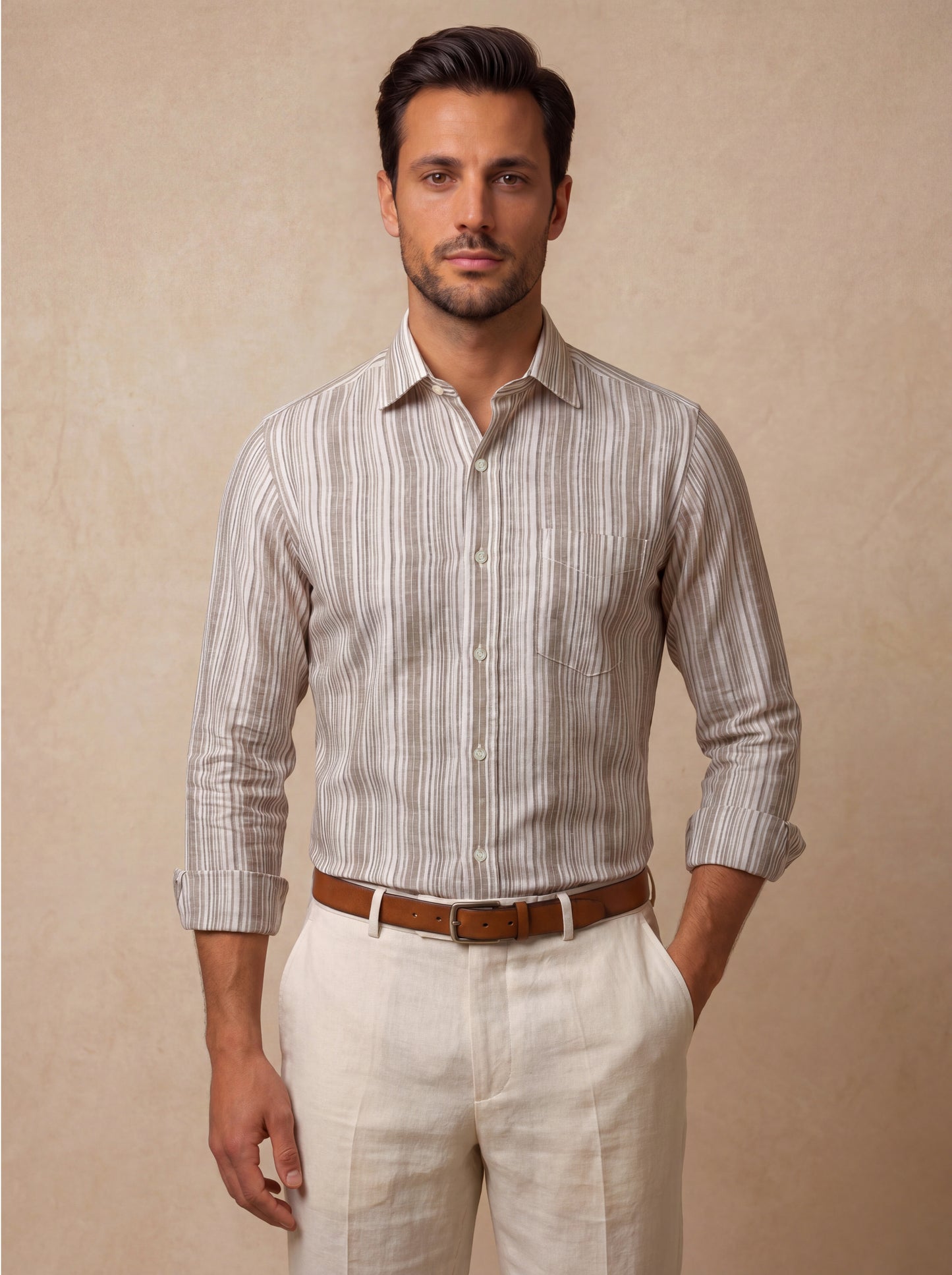 Positano Sand Striped Full Sleeve Single Cuff Classic Fit Semi Formal European Flax Linen Shirt