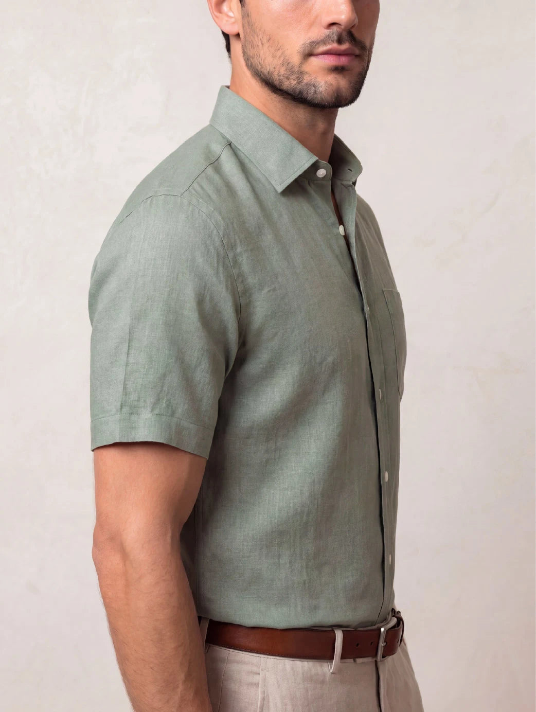 Praiano Olive Solid Half Sleeve Classic Fit Semi Formal European Flax Linen Shirt