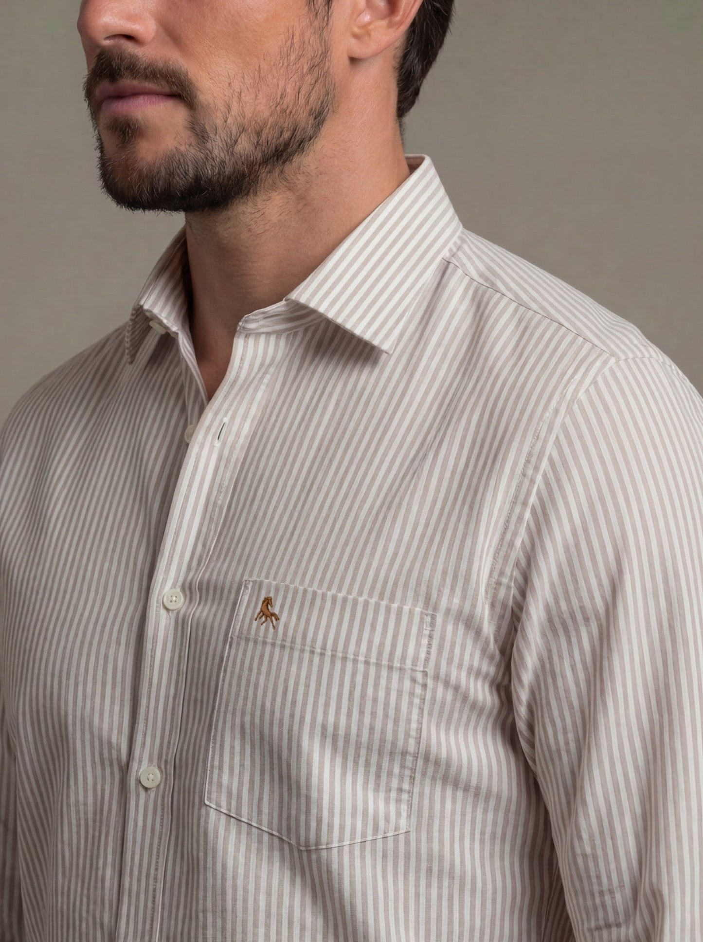 Silba Oxford Beige Striped Full Sleeve Tailored Fit Casual Cotton Shirt