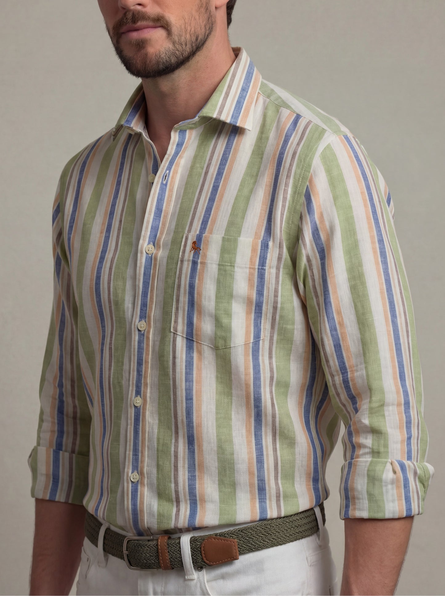 Graciosa Slub Green Striped Full Sleeve Tailored Fit Casual Cotton Shirt