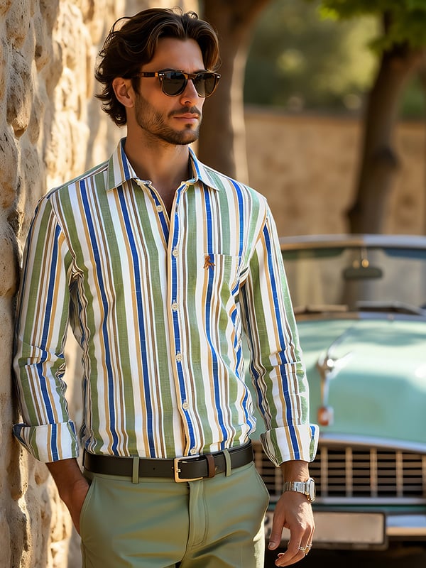 Graciosa Slub Green Striped Full Sleeve Tailored Fit Casual Cotton Shirt