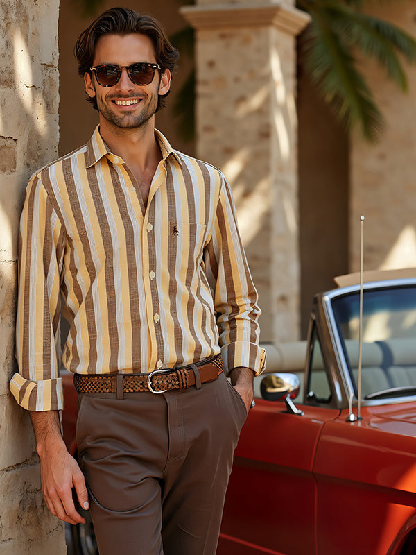 Solta Slub Yellow Striped Full Sleeve Tailored Fit Casual Cotton Shirt