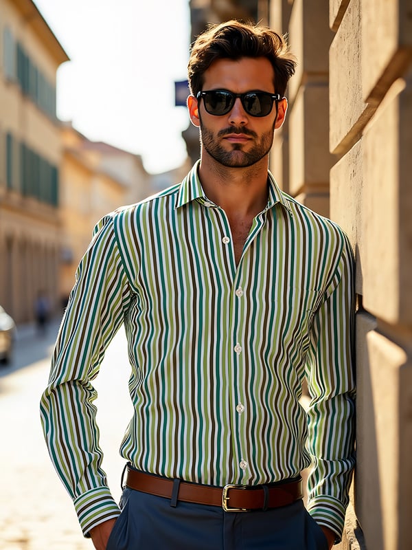 Vivace Green Striped Full Sleeve Single Cuff Tailored Fit Semi Formal Silk Touch Egyptian Giza Cotton Shirt