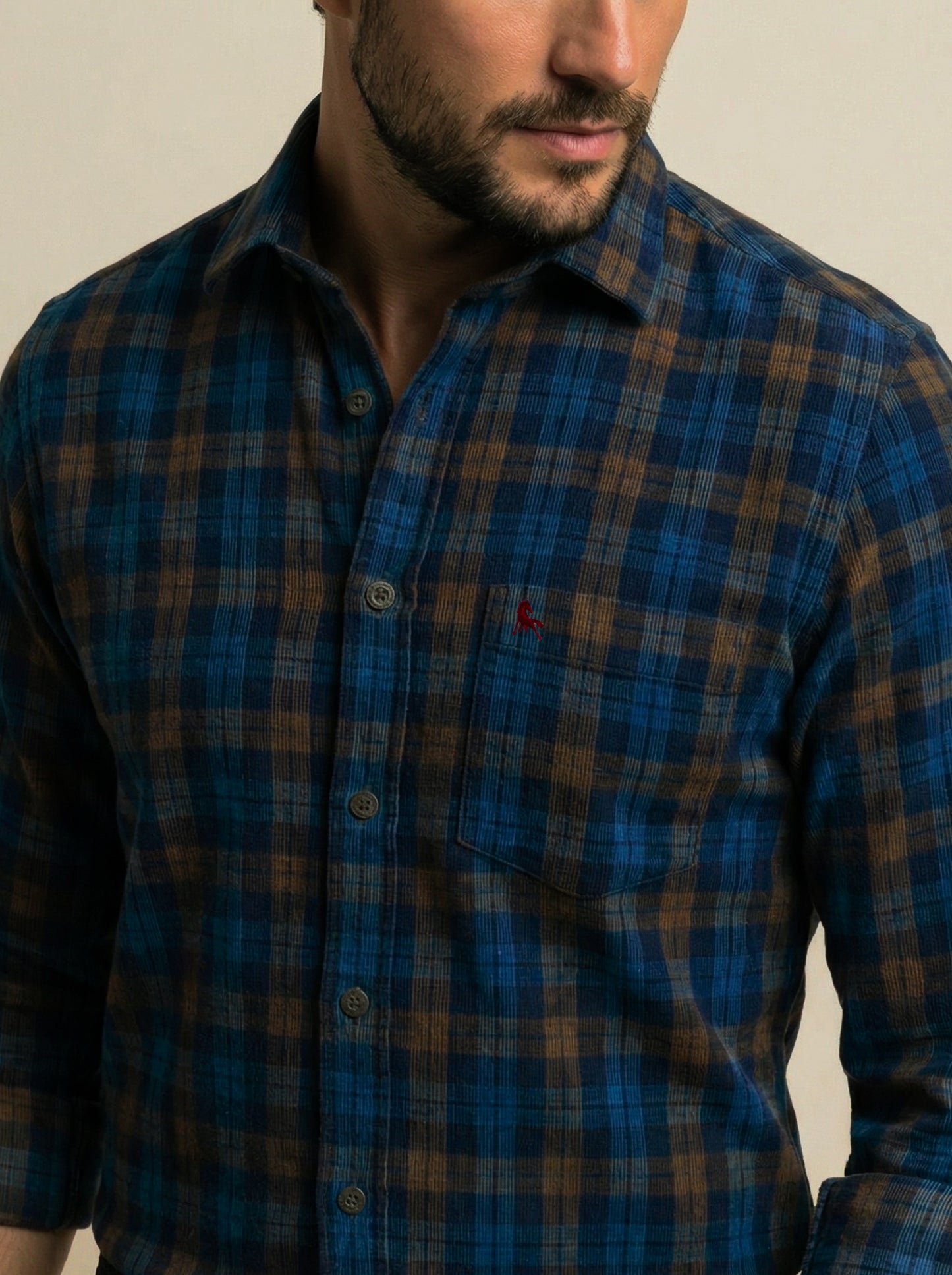 Griffin Corduroy Navy Check Full Sleeve Tailored Fit Casual Cotton Shirt
