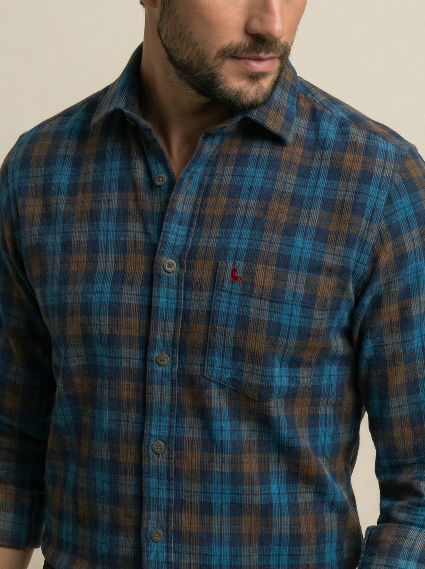 Griffin Corduroy Navy Check Full Sleeve Tailored Fit Casual Cotton Shirt