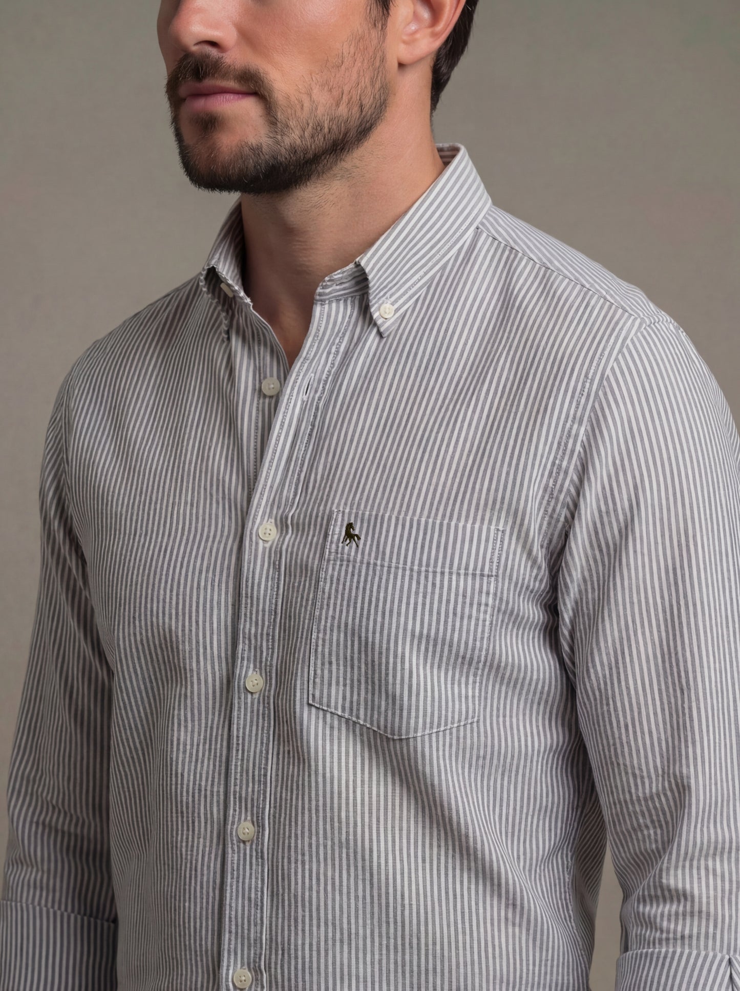 Keegan Oxford Olive Striped Full Sleeve Tailored Fit Casual Cotton Shirt