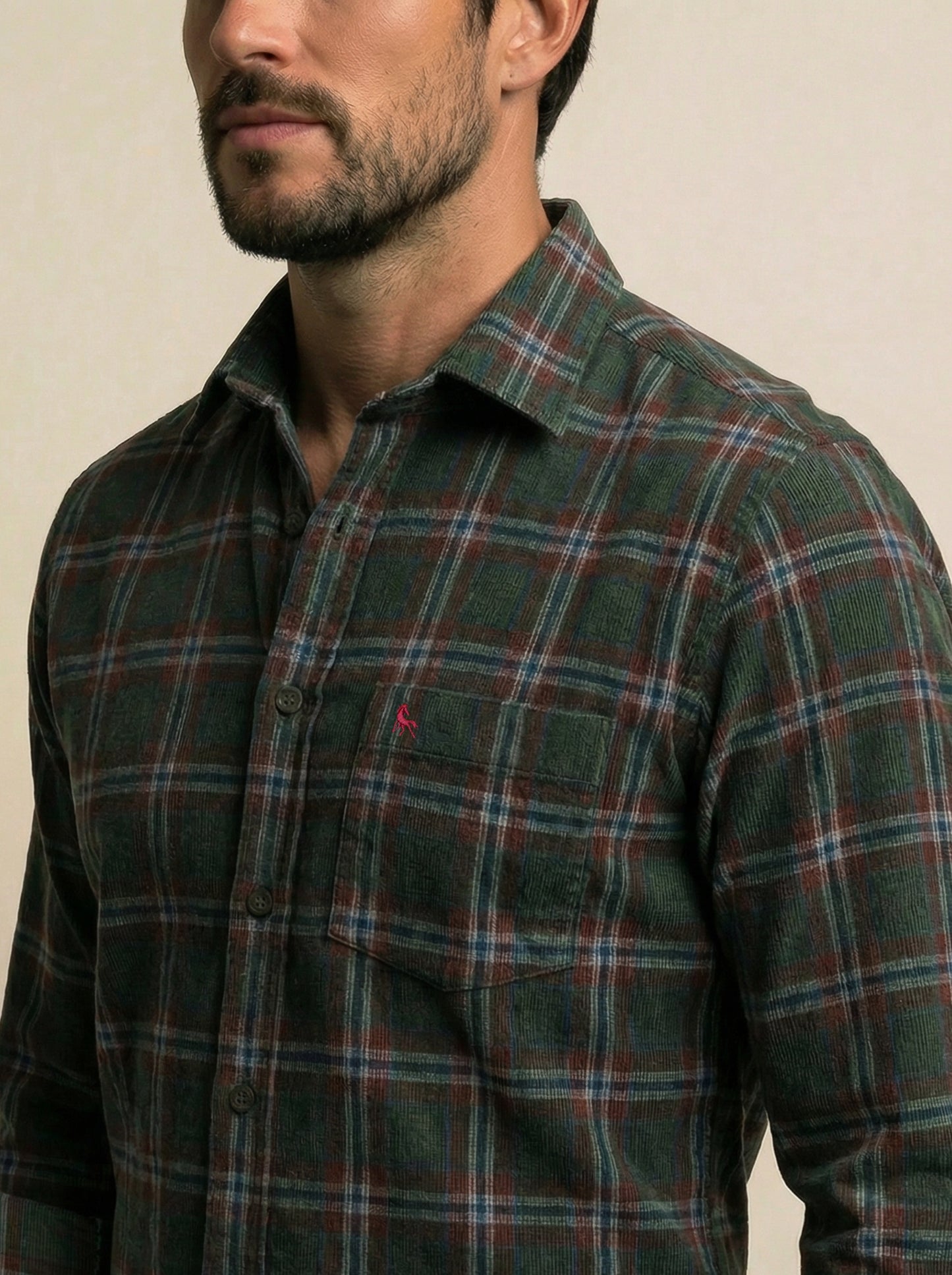 Conners Corduroy Green Check Full Sleeve Tailored Fit Casual Cotton Shirt