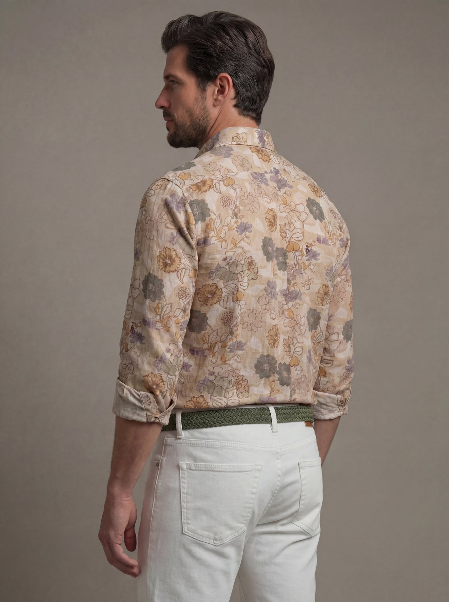 Aberg Slub Beige Printed Full Sleeve Tailored Fit Casual Cotton Shirt