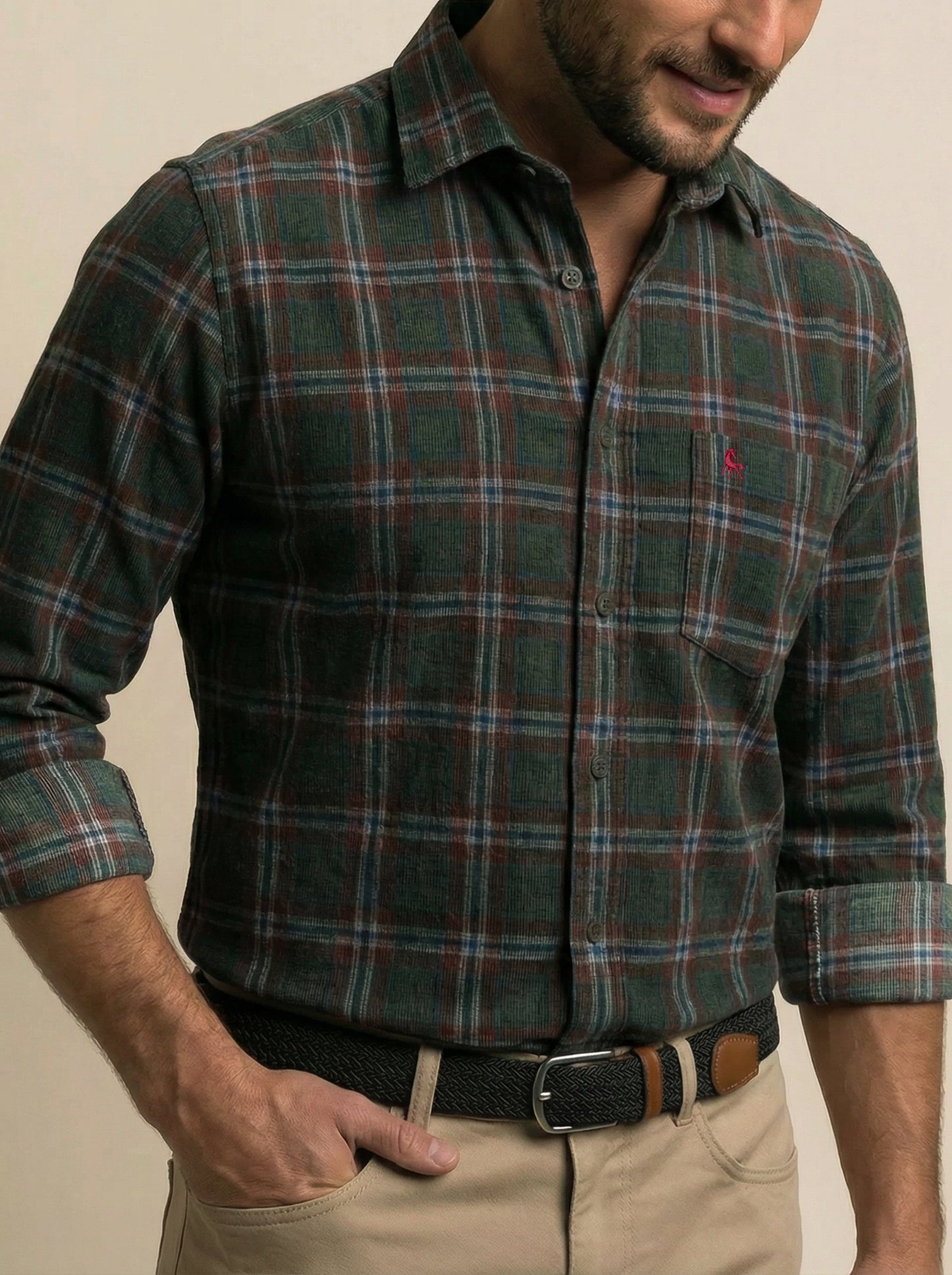 Conners Corduroy Green Check Full Sleeve Tailored Fit Casual Cotton Shirt