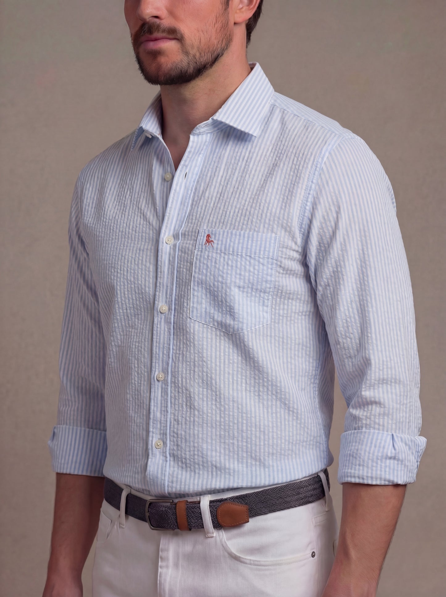 Pasman Seersucker Sky Striped Full Sleeve Tailored Fit Casual Cotton Shirt