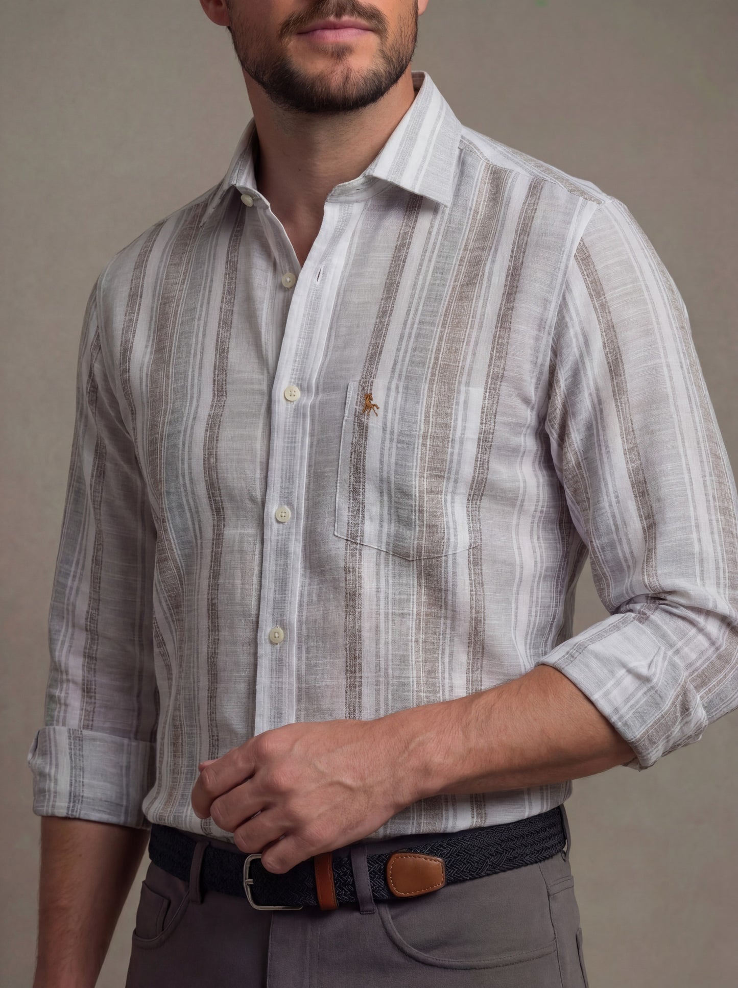 Tenerife Crepe Grey Striped Full Sleeve Tailored Fit Casual Cotton Shirt