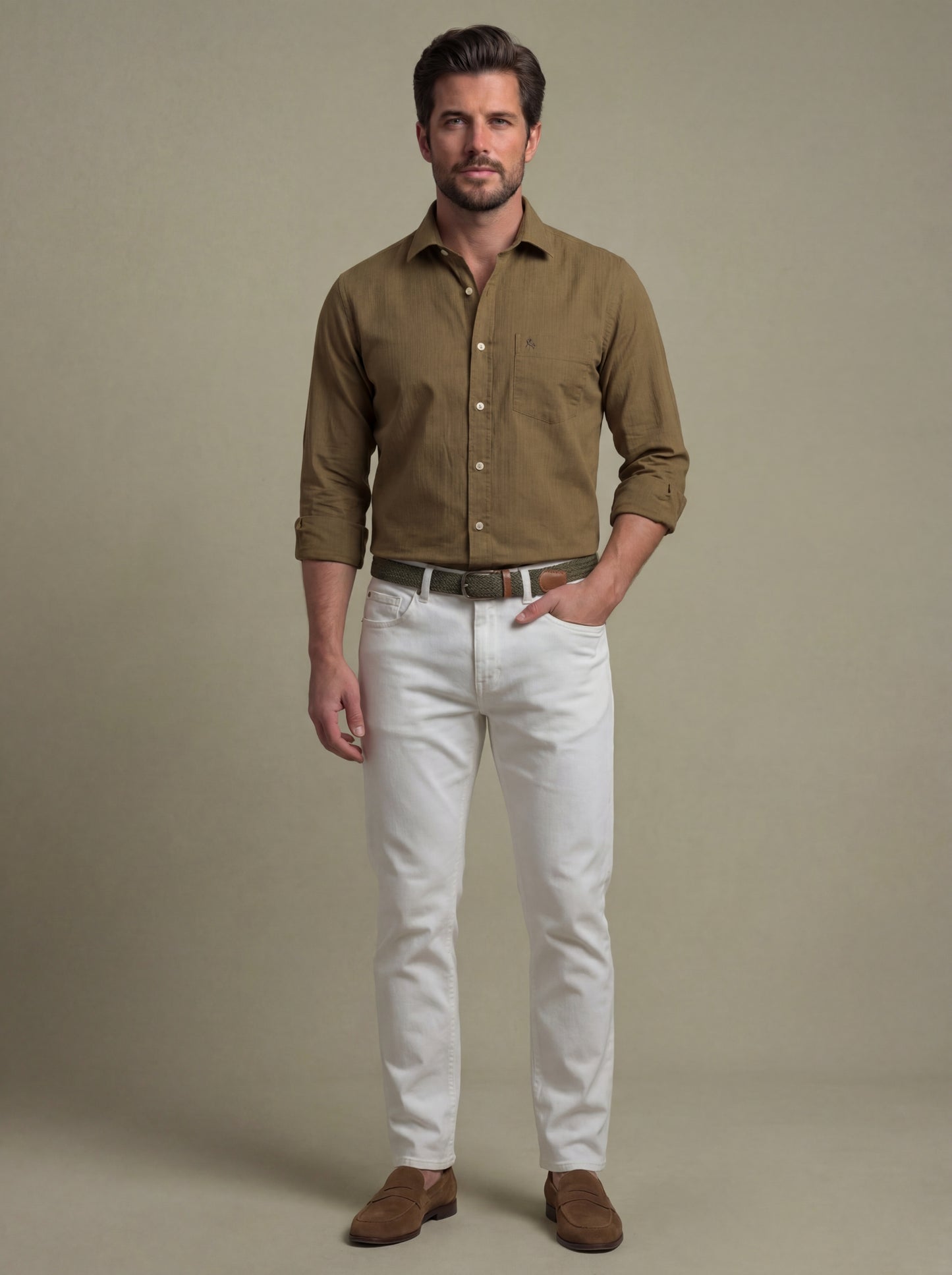 Bryson Dobby Garment Dyed Brown Striped Full Sleeve Tailored Fit Casual Cotton Shirt