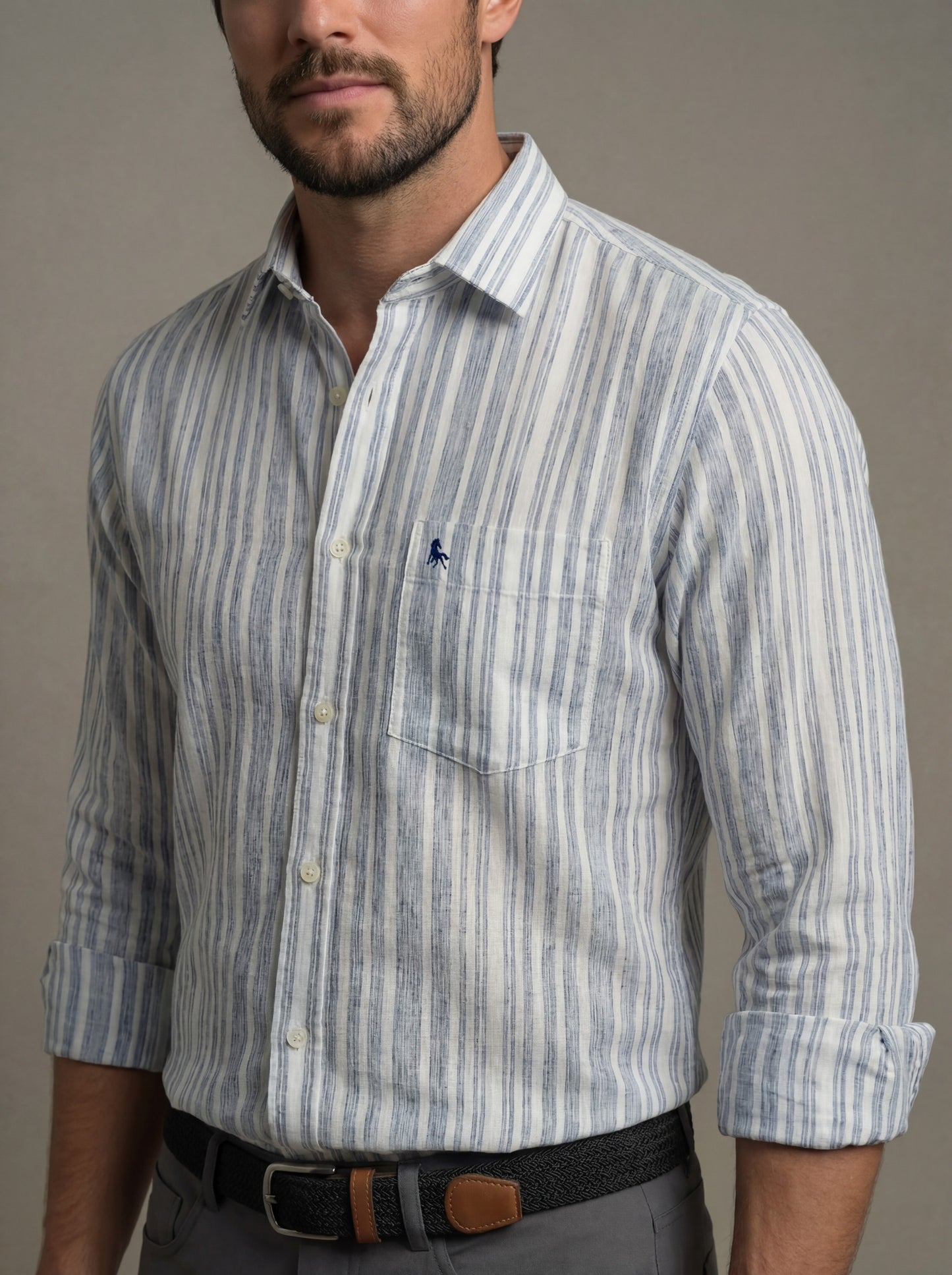 Scheffler Blue Striped Full Sleeve Tailored Fit Casual Blended Shirt