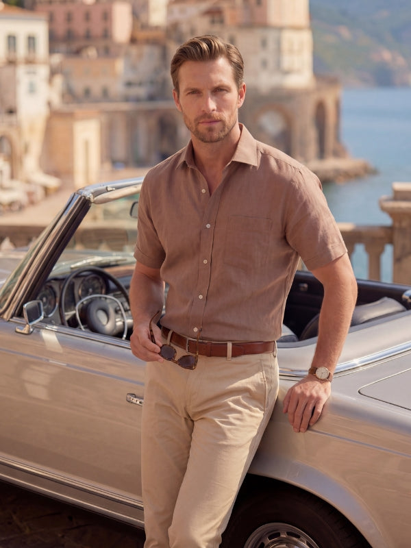 Positano Brown Solid Half Sleeve Classic Fit Semi Formal European Flax Linen Shirt
