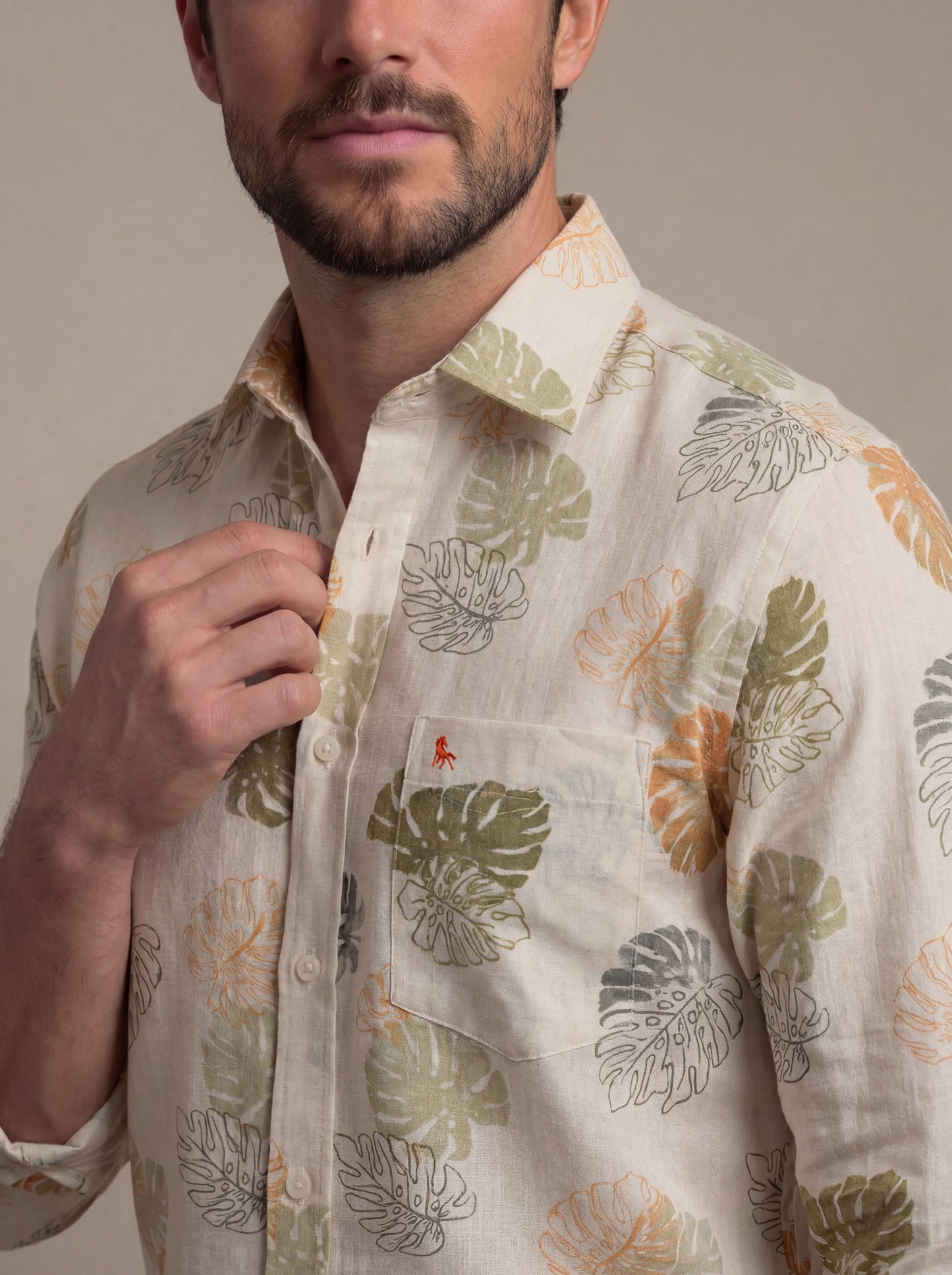 Kesalonia Slub Ecru Printed Full Sleeve Tailored Fit Casual Cotton Shirt
