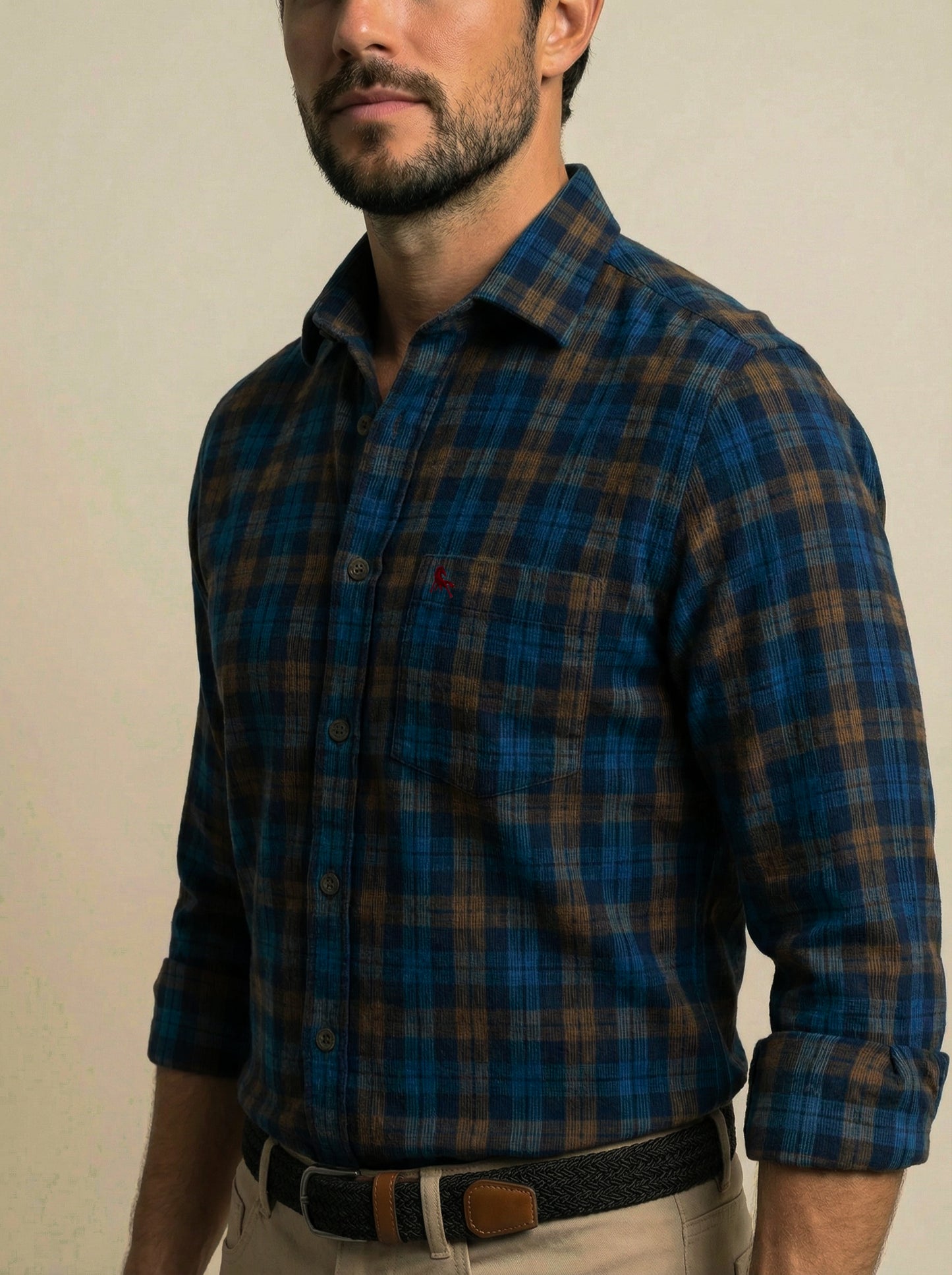 Griffin Corduroy Navy Check Full Sleeve Tailored Fit Casual Cotton Shirt