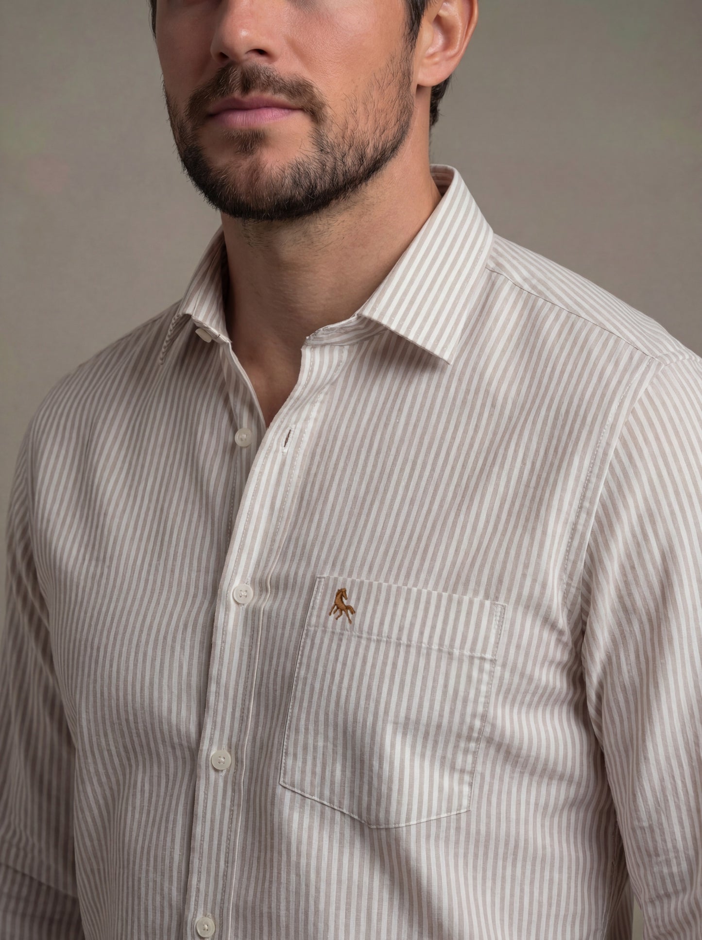 Silba Oxford Beige Striped Full Sleeve Tailored Fit Casual Cotton Shirt