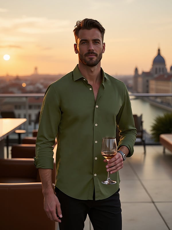 Beyer Olive Techno 4 Way Stretch Solid Full Sleeve Single Cuff Slim Fit Party Wear Blended Shirt