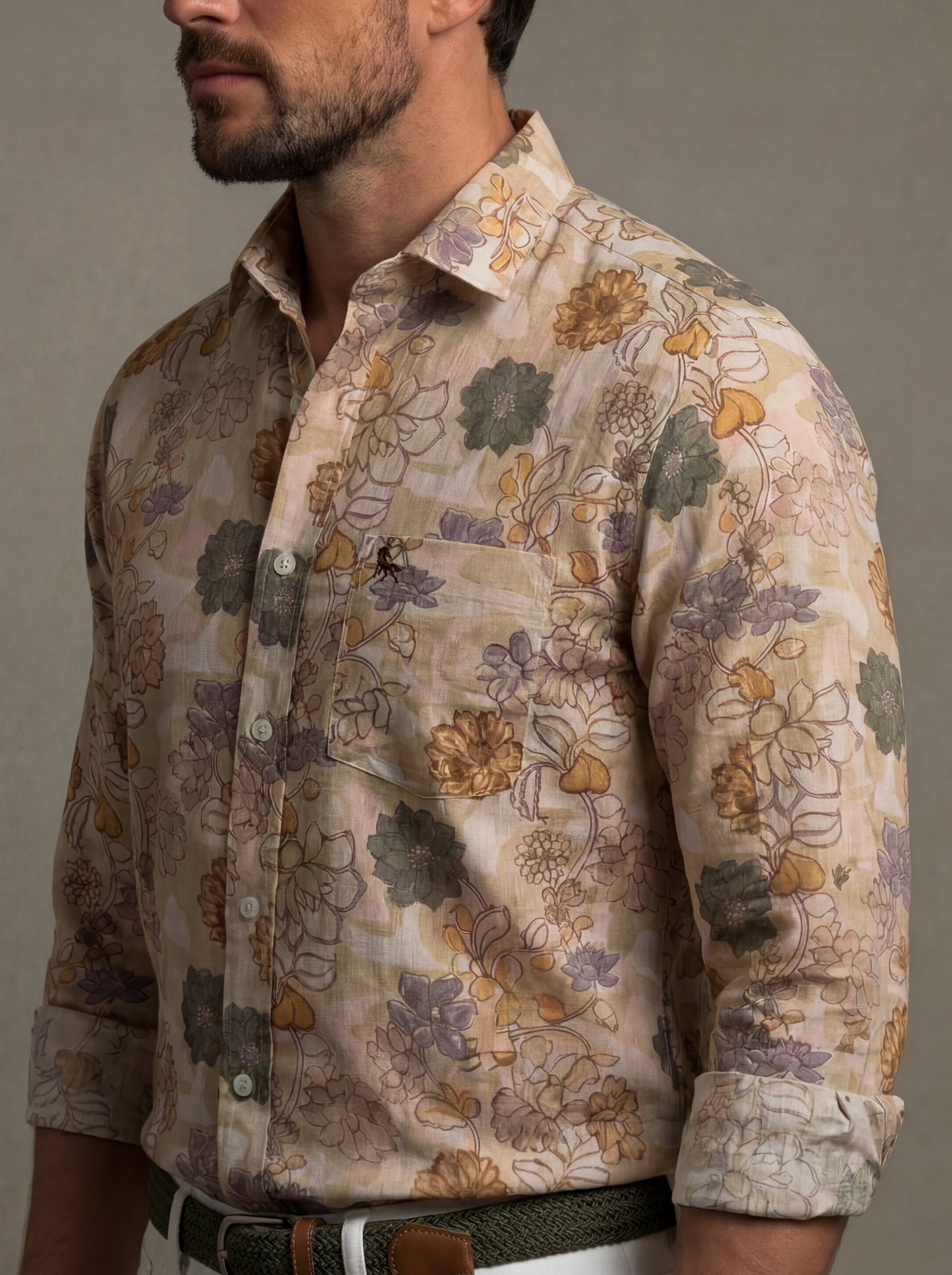 Aberg Slub Beige Printed Full Sleeve Tailored Fit Casual Cotton Shirt
